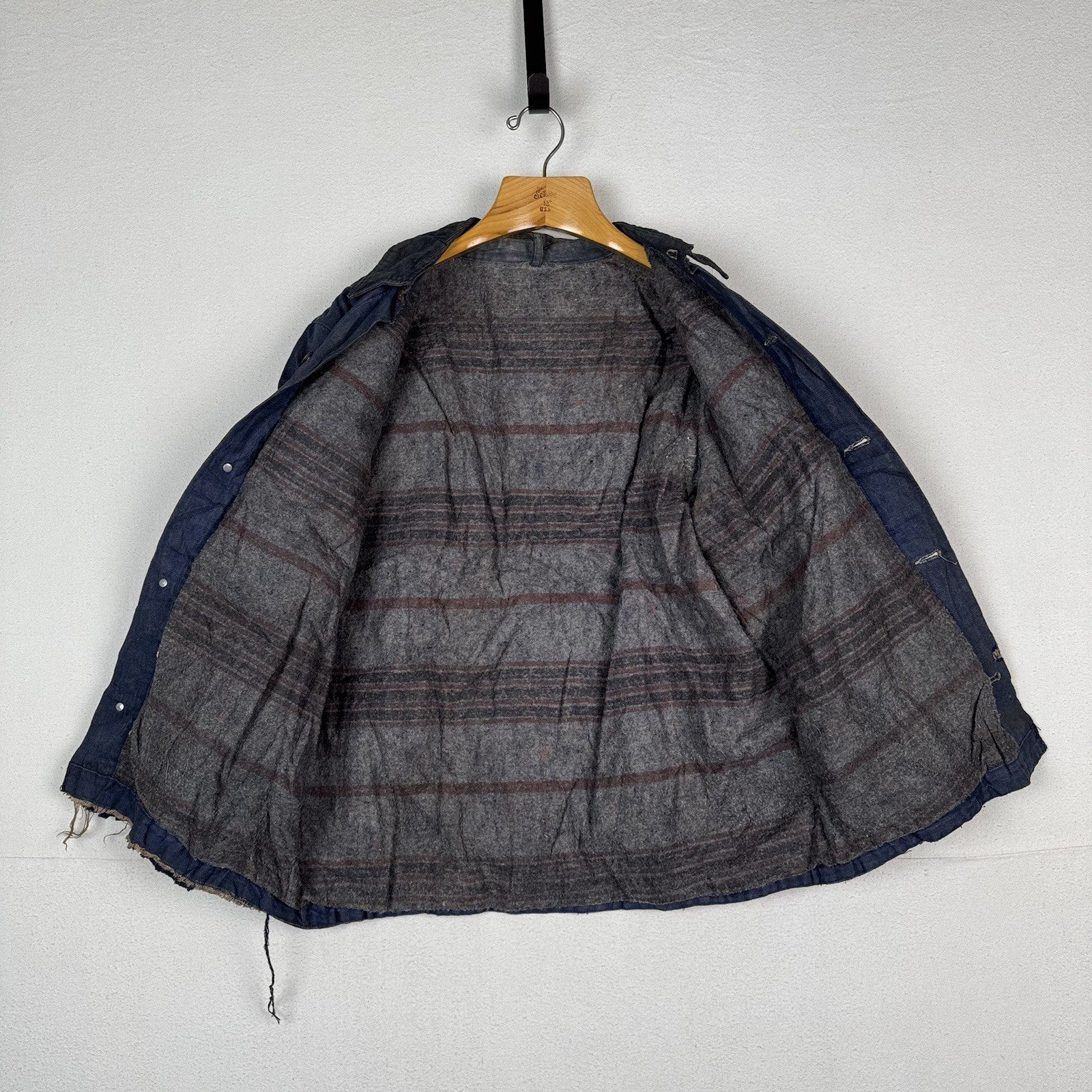 Vtg 1960s Wool Blanket Lined Denim Prison Chore Jacket Yard Coat 48” *Unwashed
