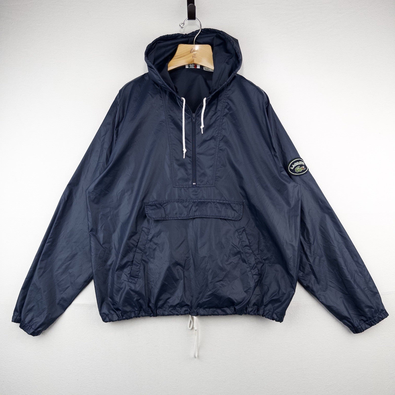 80’s Vtg Lacoste Izod Men’s XL Packable Rain Jacket FannyPack Navy Blue Hooded