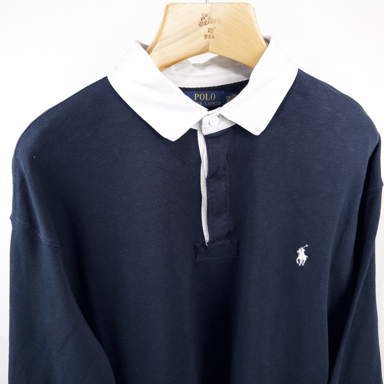 Polo Ralph Lauren Mens Long Sleeve Rugby Shirt Men’s 2XB Navy Blue White Collar