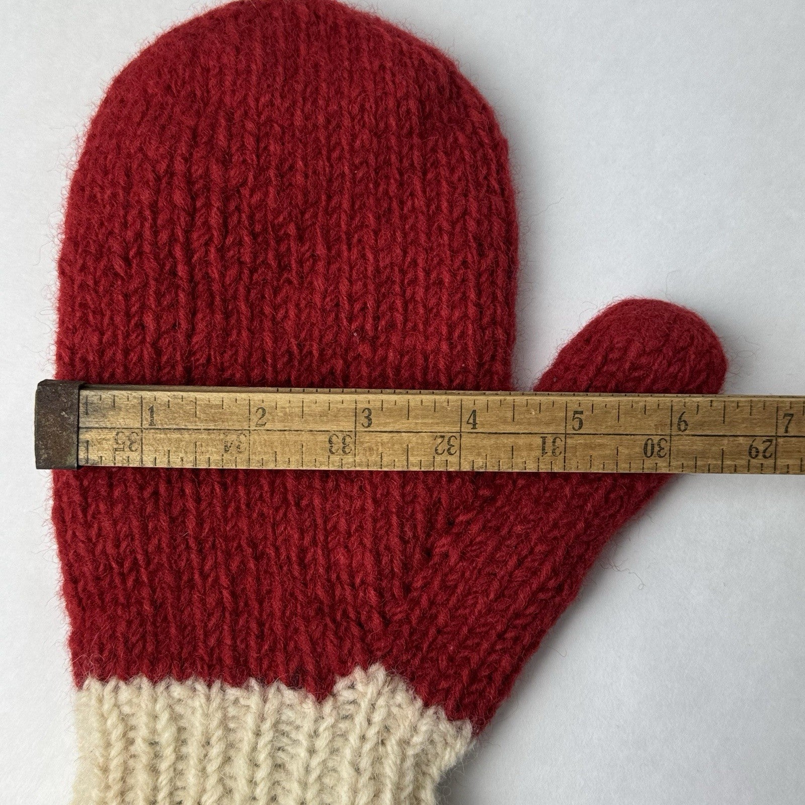 Wool Knit Santa Holiday Mittens Fleece Lined Red Cream Off-white 9”x4.5”