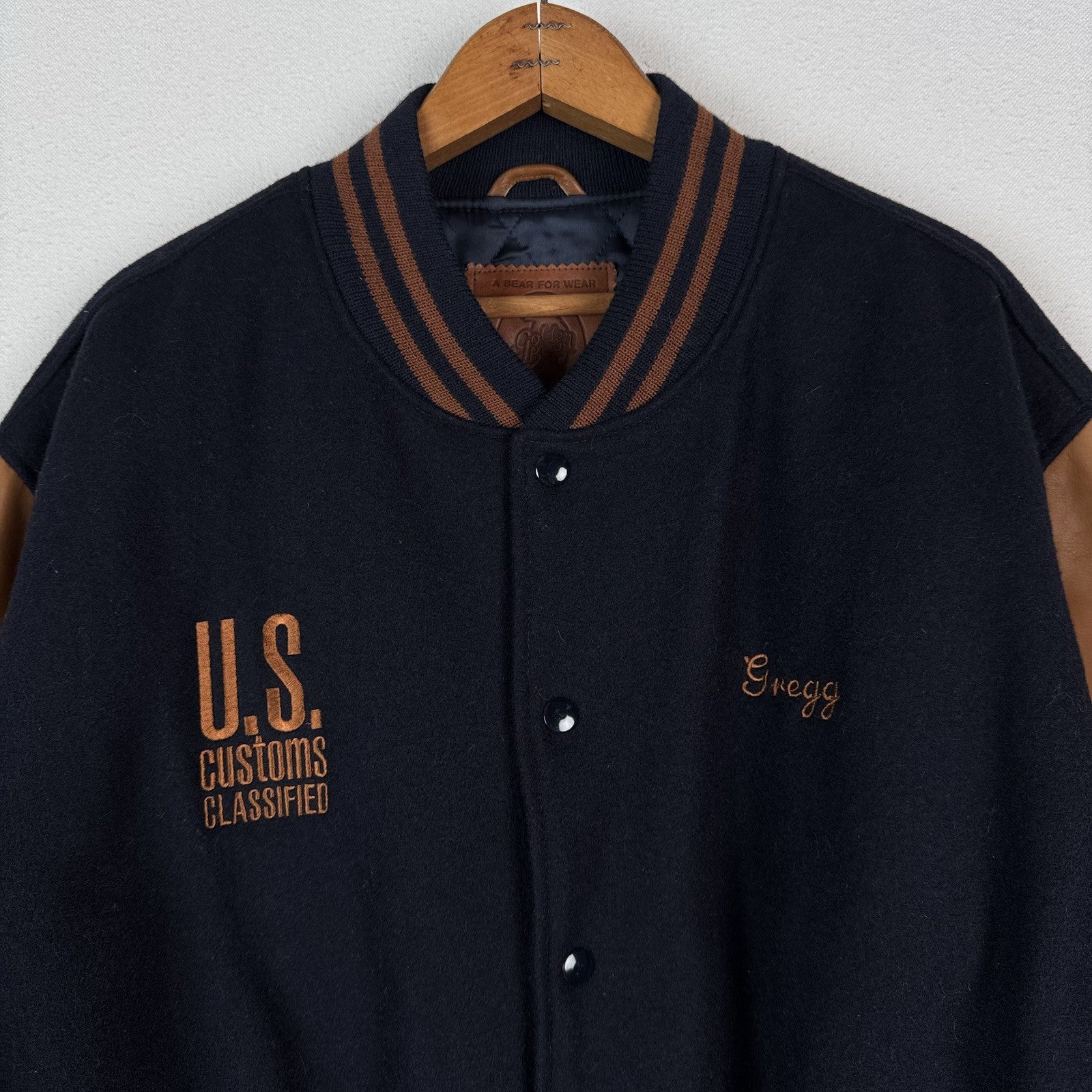 US Customs X Golden Bear Varsity Navy Wool Leather Jacket Mens Large Made USA