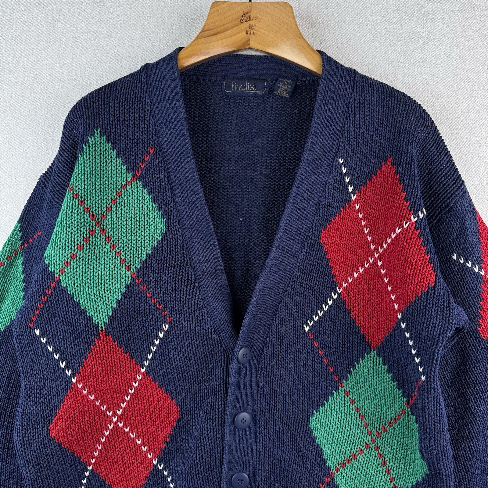 80’s Vintage Argyle Cardigan Sweater Blue Diamond Knit Unisex Medium
