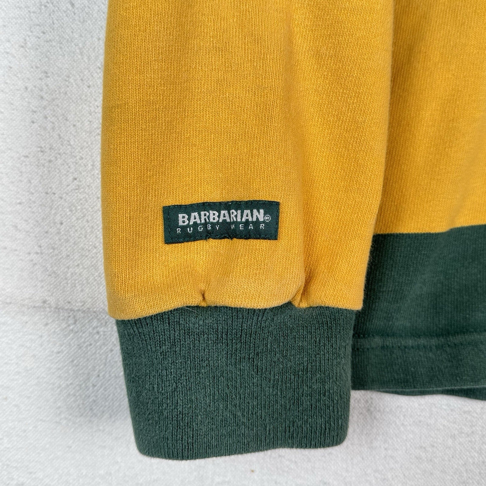 Barbarian Hooded Rugby Mens Medium Green Yellow Striped Pullover