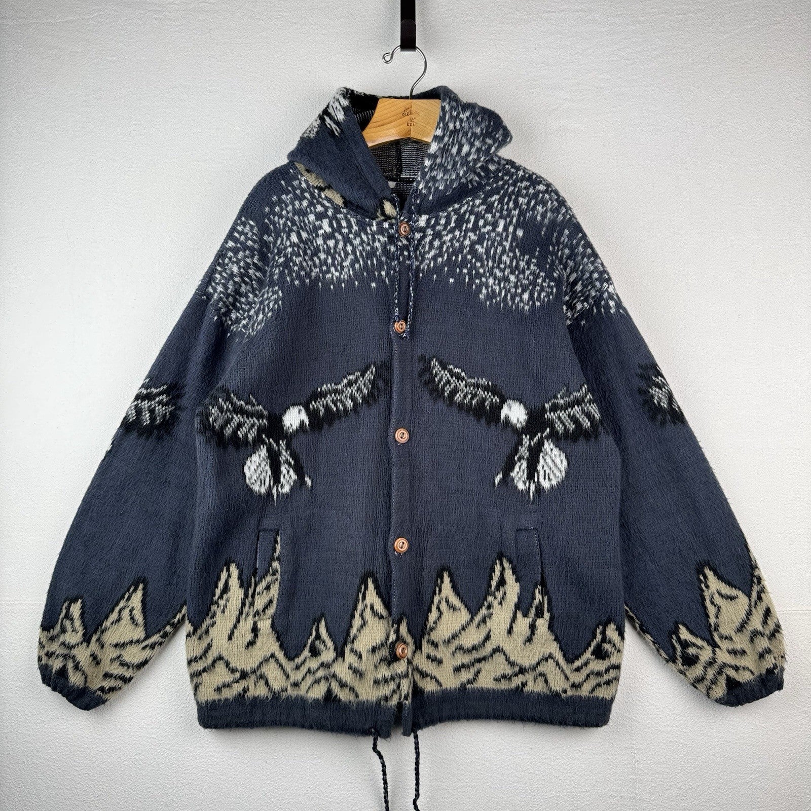 Puruhua Handmade Men’s L Full Zip Acrylic Eagles Mountains Hood Sweater Ecuador