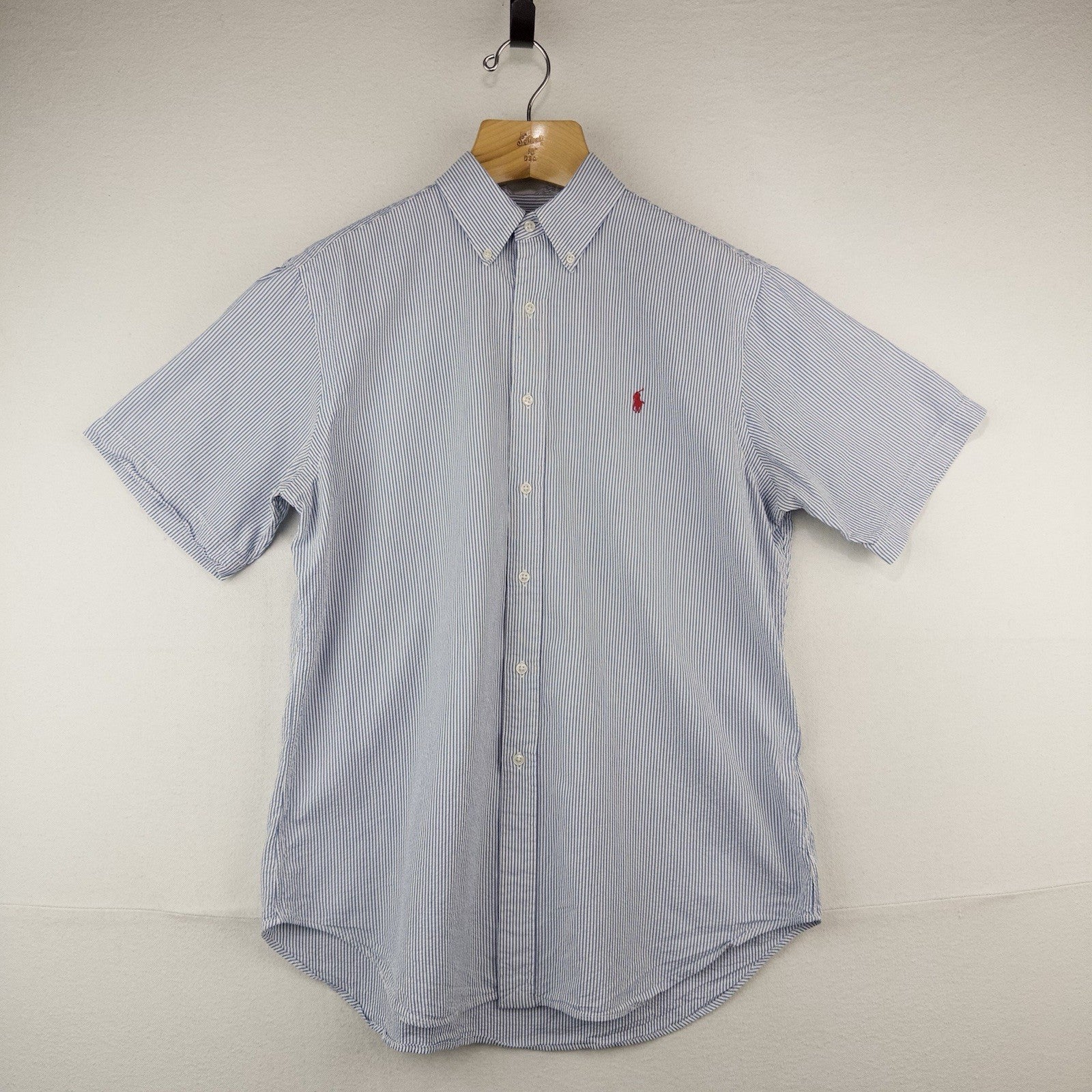 90’s Ralph Lauren Seersucker Short Sleeve Shirt Men's L Blue White Classic Fit