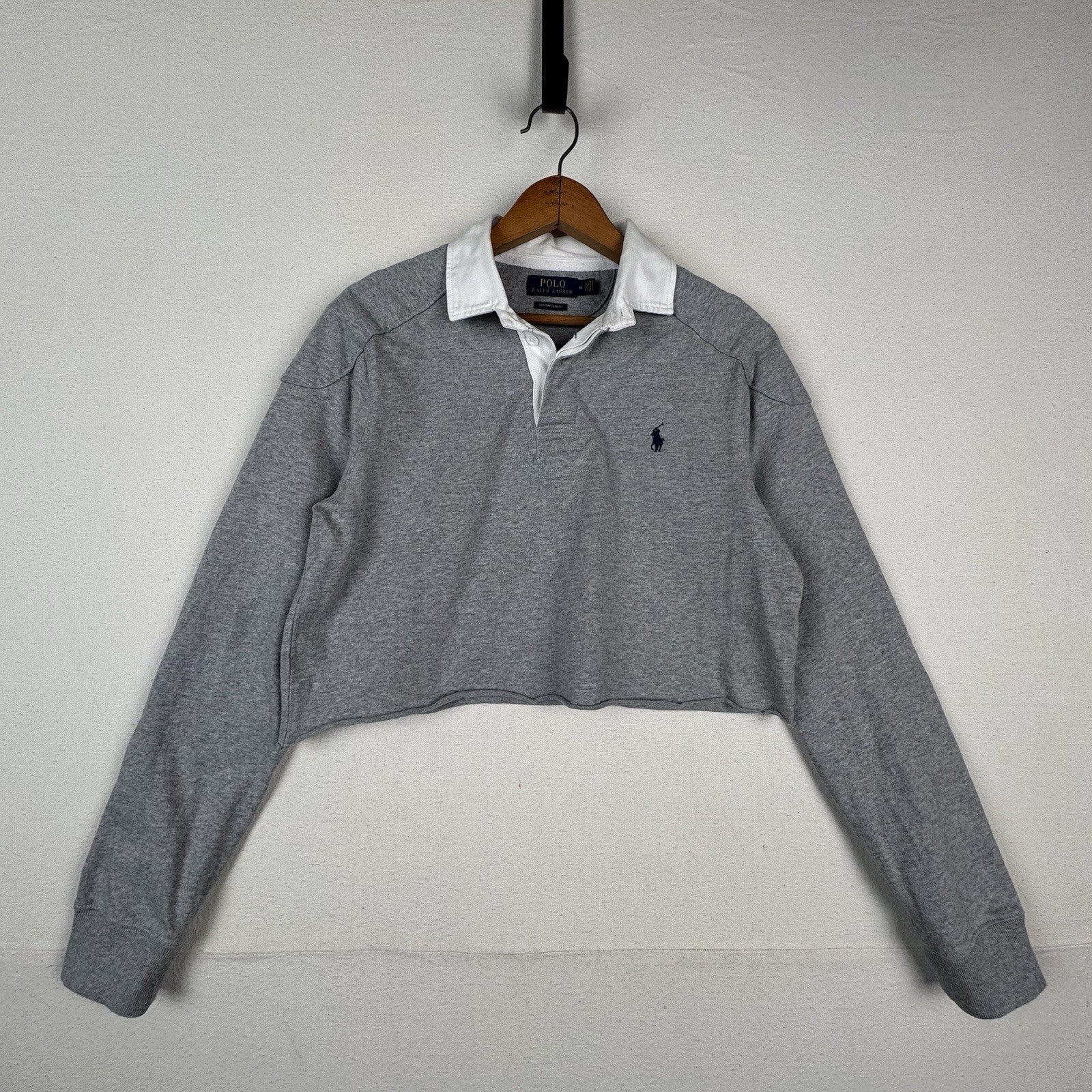 Polo Ralph Lauren Rugby Shirt Men’s Medium Gray LS Elbow Patch Cropped 17”