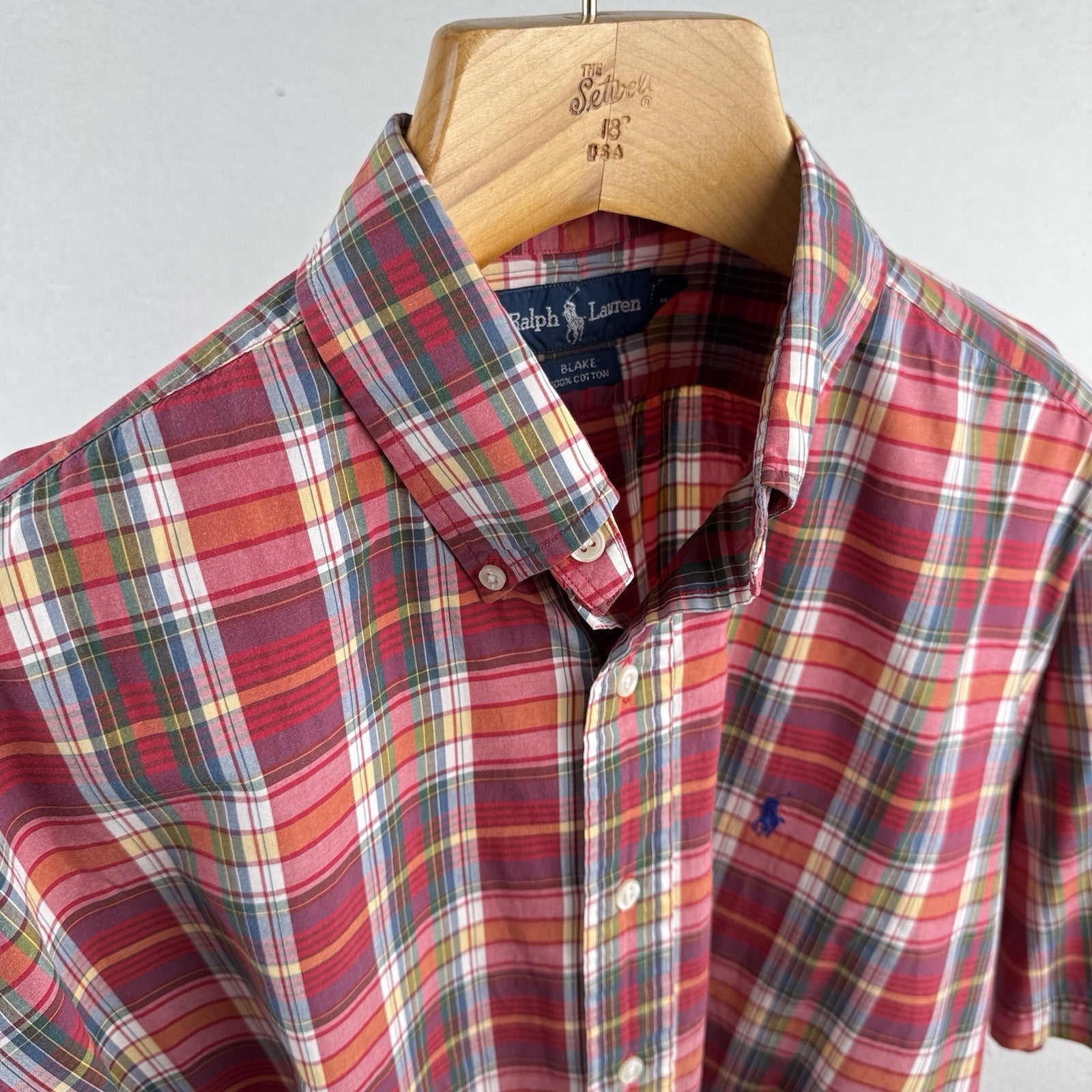 Ralph Lauren Mens XL Blake Short Sleeve Madras Plaid Polo Button Down Shirt