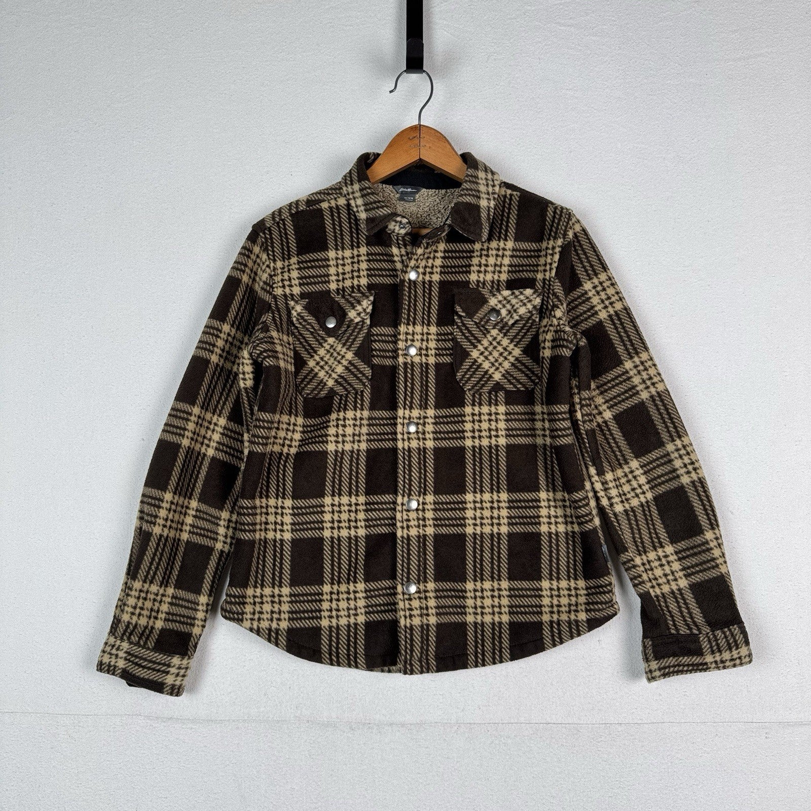 Eddie Bauer Boys Thick Fleece Sherpa Lined Jacket Shirt Brown Plaid Size 14/16