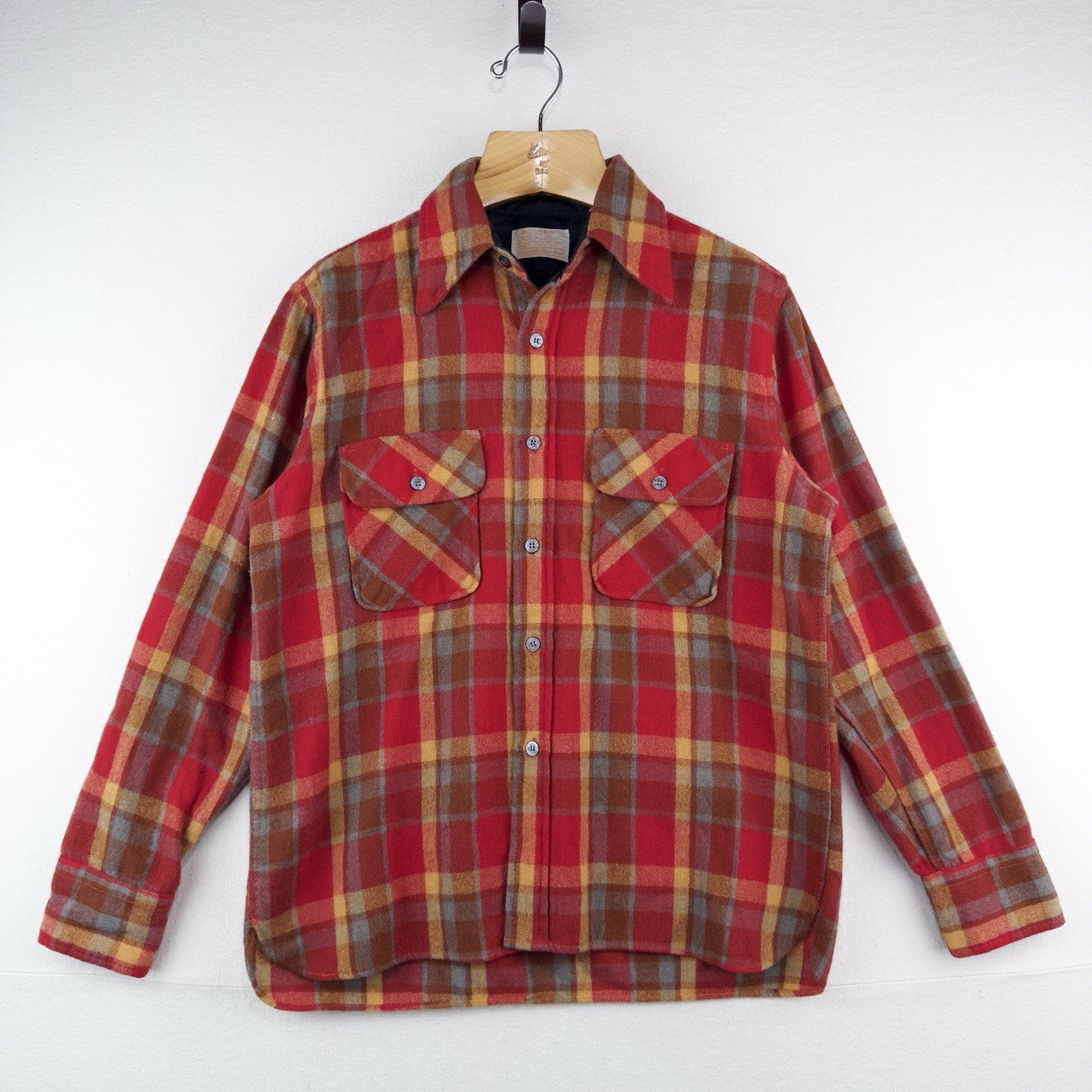 60’s Vtg Kings Road Sears Men’s M Full Cut Flannel Shirt Wool Red Yellow Plaid