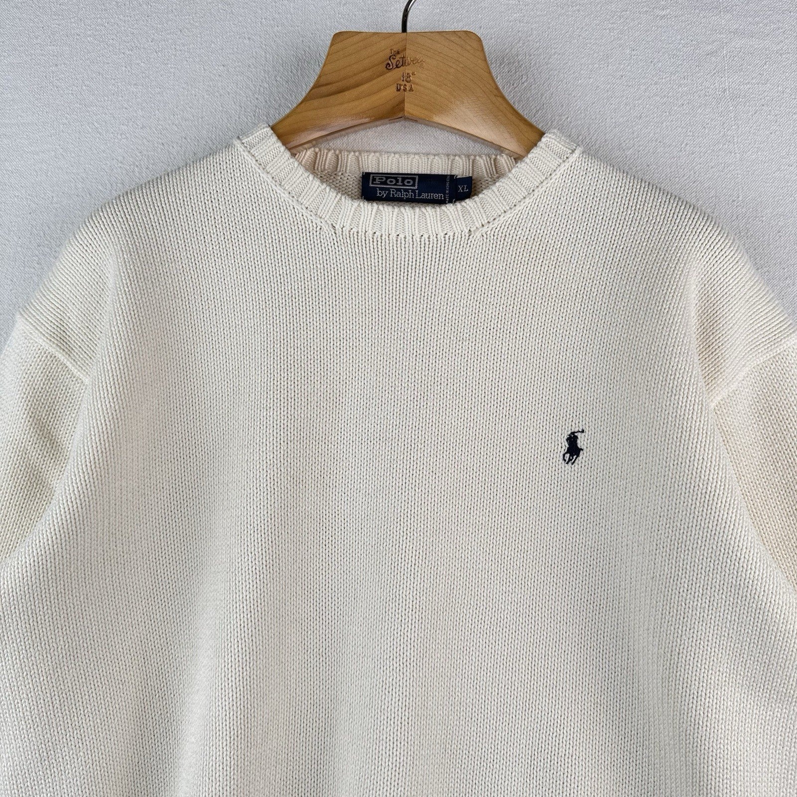 90’s Vtg Polo Ralph Lauren Sweater Men's XL Cream 100% Cotton Crewneck Navy Pony