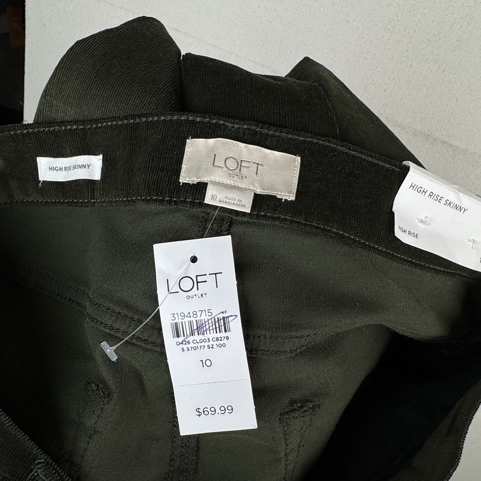 NWT Loft Jeans Women’s 10 Corduroy High Rise Skinny Green Button Fly Stretch