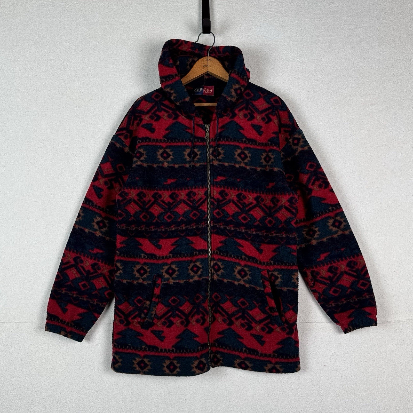 Vintage 90s Southwestern Blanket Fleece Hoodie Full Zip Men’s M Red Blue Baggy