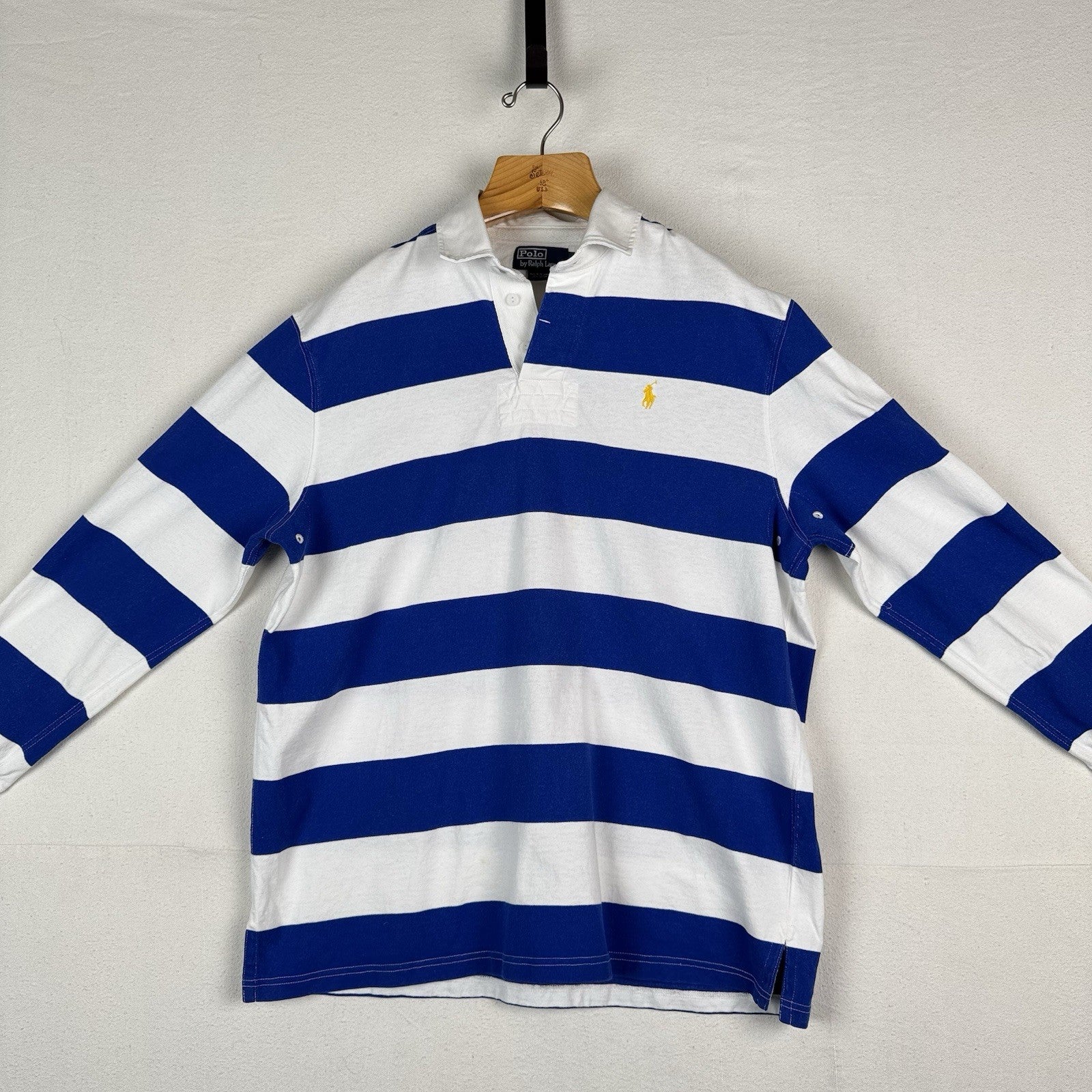 90’s Vintage Polo Ralph Lauren Rugby Shirt Mens Large Blue White Striped *Read