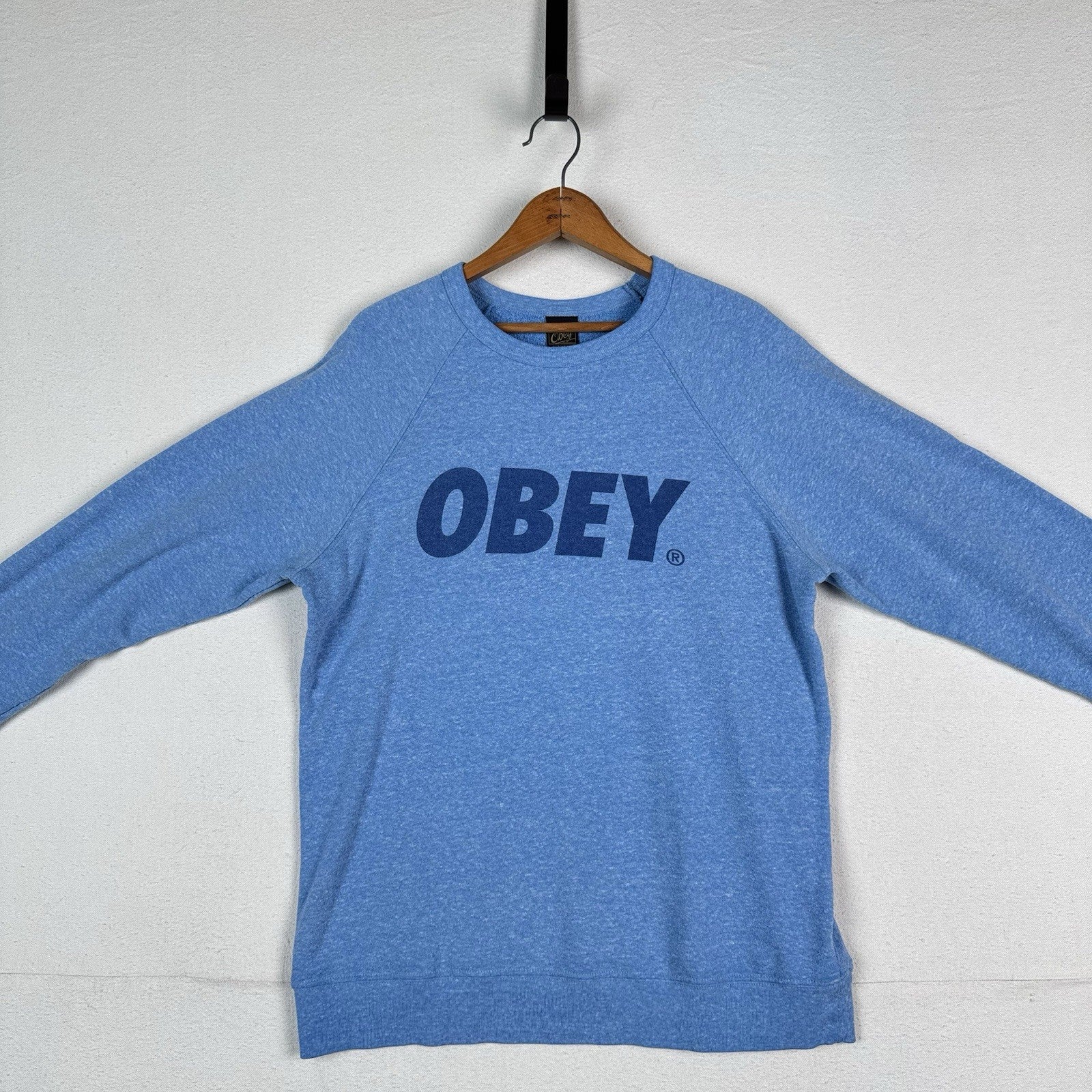 Vintage Obey Crewneck Raglan Blue Logo Sweatshirt Men Unisex Large Made In USA
