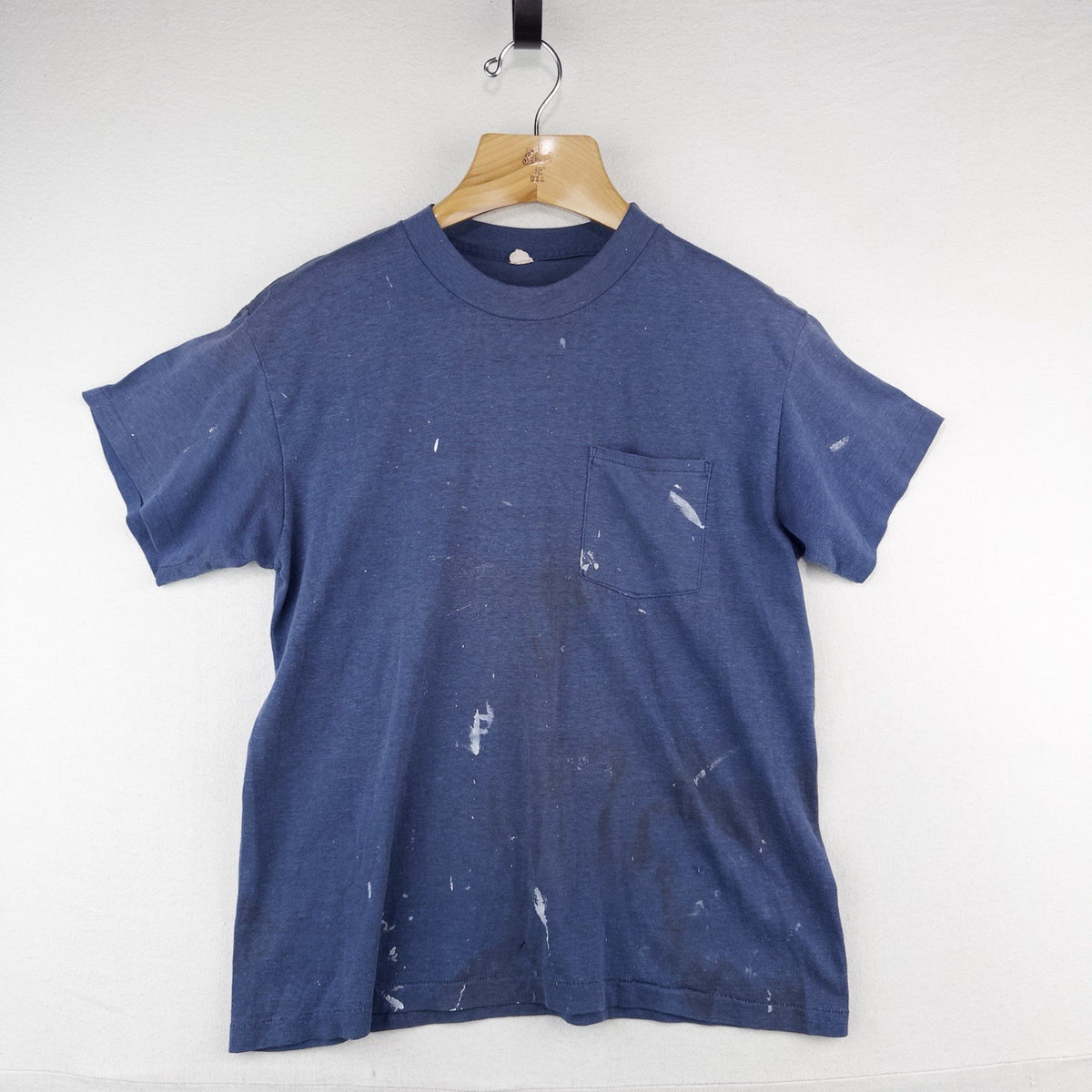 70’s Vtg Thin Selvedge Front Pocket Blank Sun Faded T-Shirt Youth Large Blue