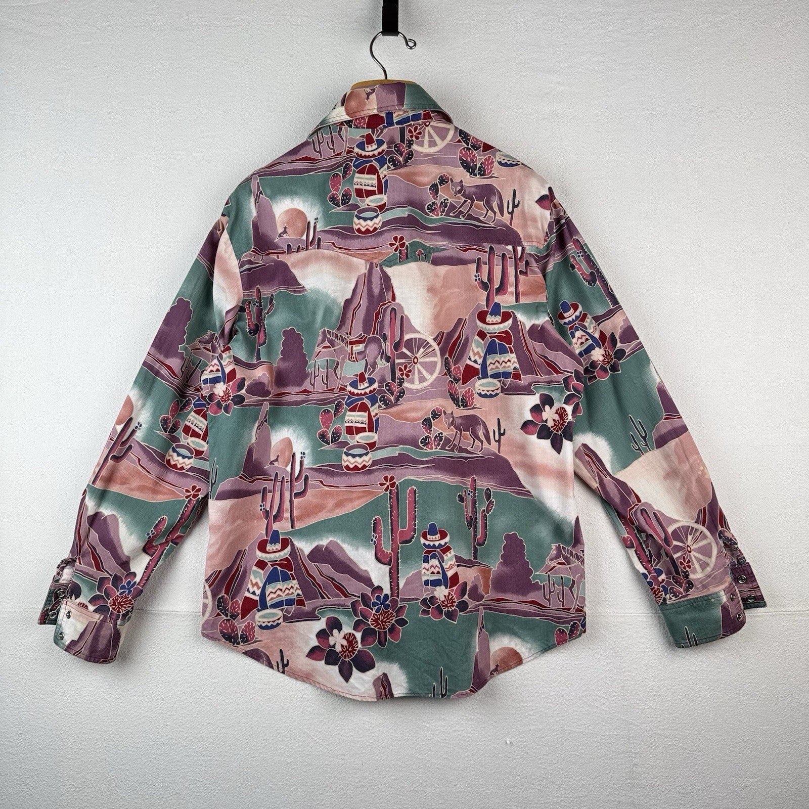 Vintage Southwestern Desert Cowboy Cactus Pearl Snap Shirt Purple Green XL 46”