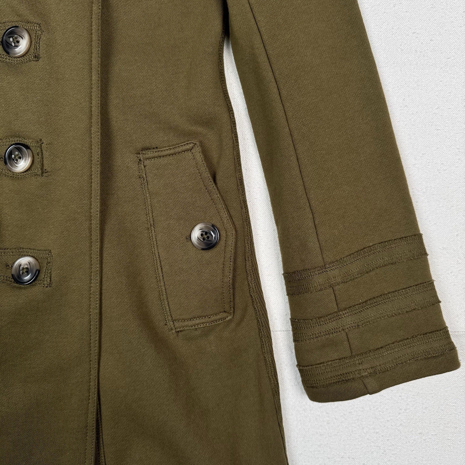 Military Style Double Breasted Knit Green Brown Long Trench Jacket Women’s Small