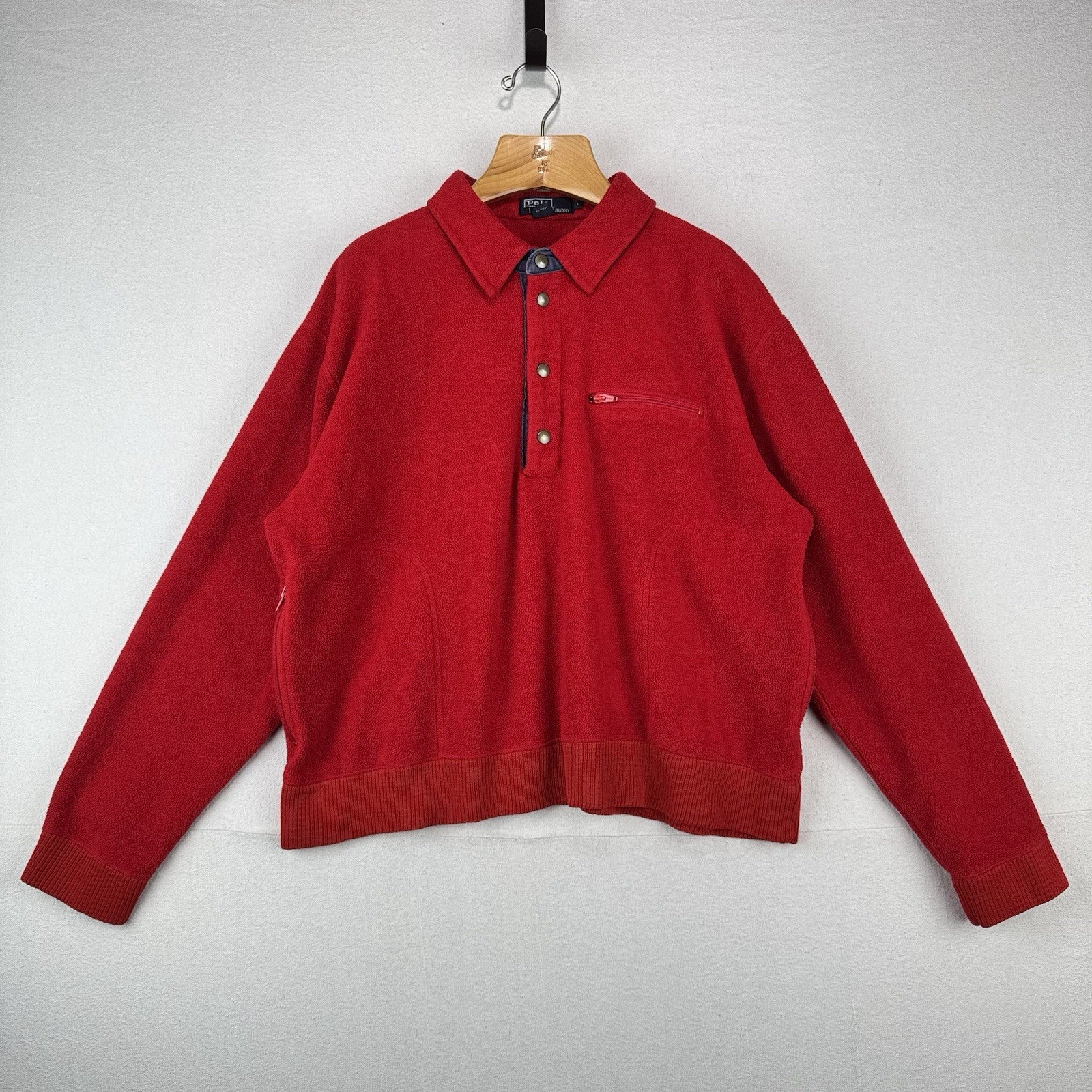 90’s Vtg Polo Ralph Lauren Fleece Polo Pullover Men’s Large Red Made USA