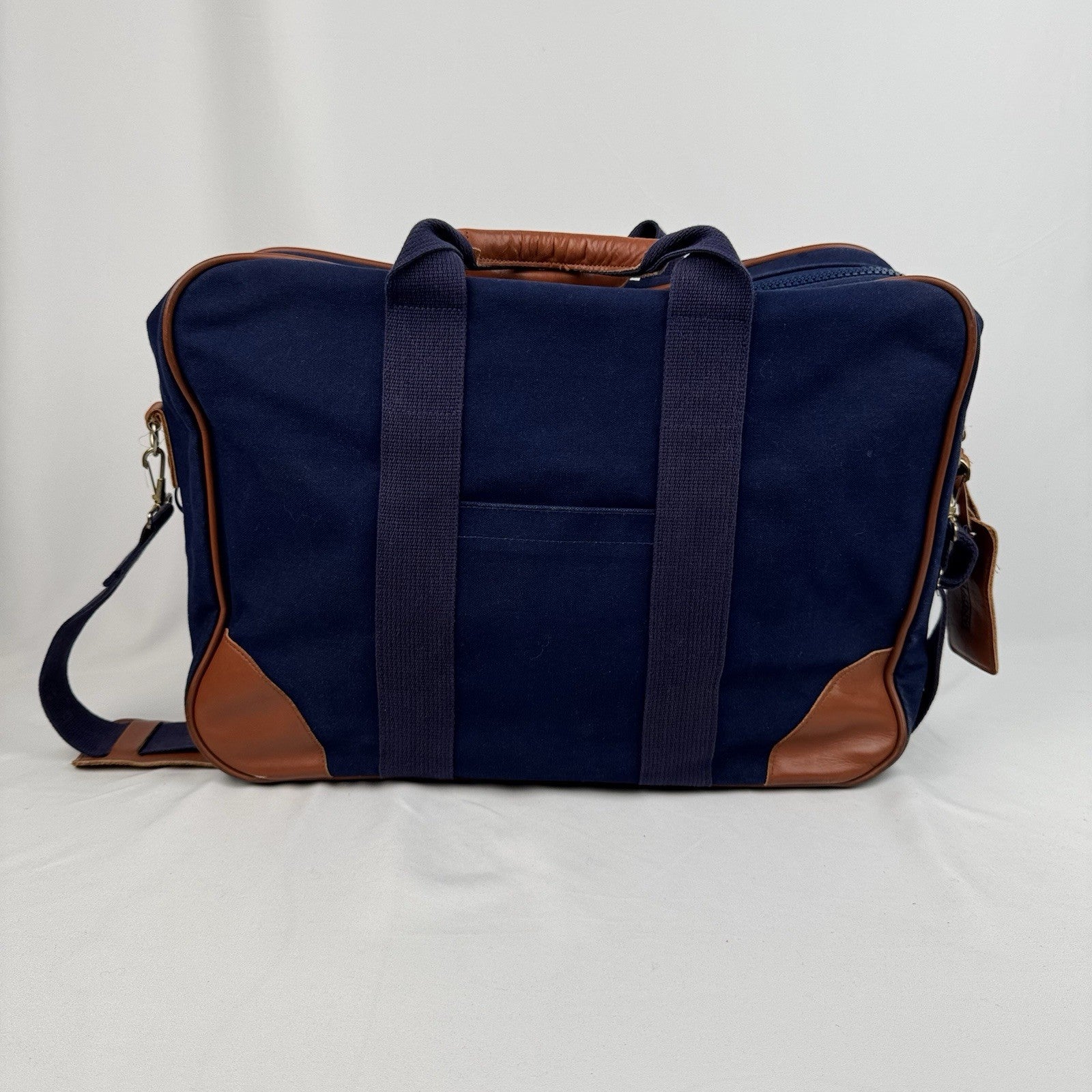 Vtg Lands End Square Rigger Weekender Bag Navy Blue Canvas Leather Luggage 20”