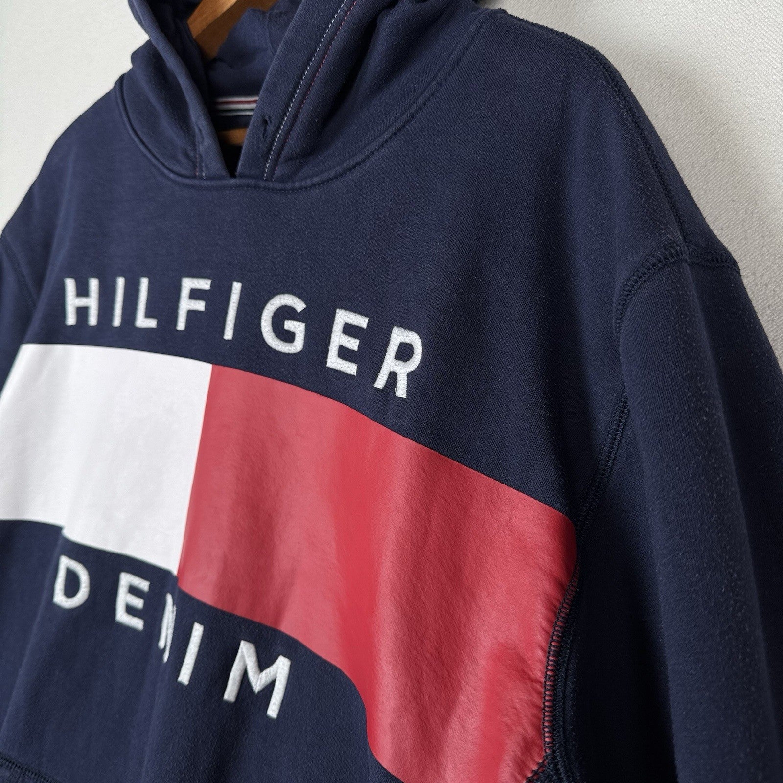 Tommy Hilfiger Men's Flag Logo Spell Out Hoodie Sweatshirt Blue XXL 2XL