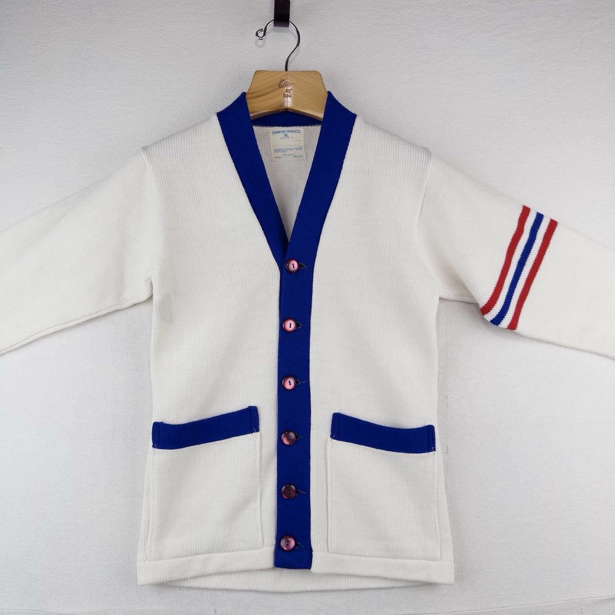 60’s Vtg Champion Letterman Cardigan Sweater Red White Blue 32” Youth M (10-12)