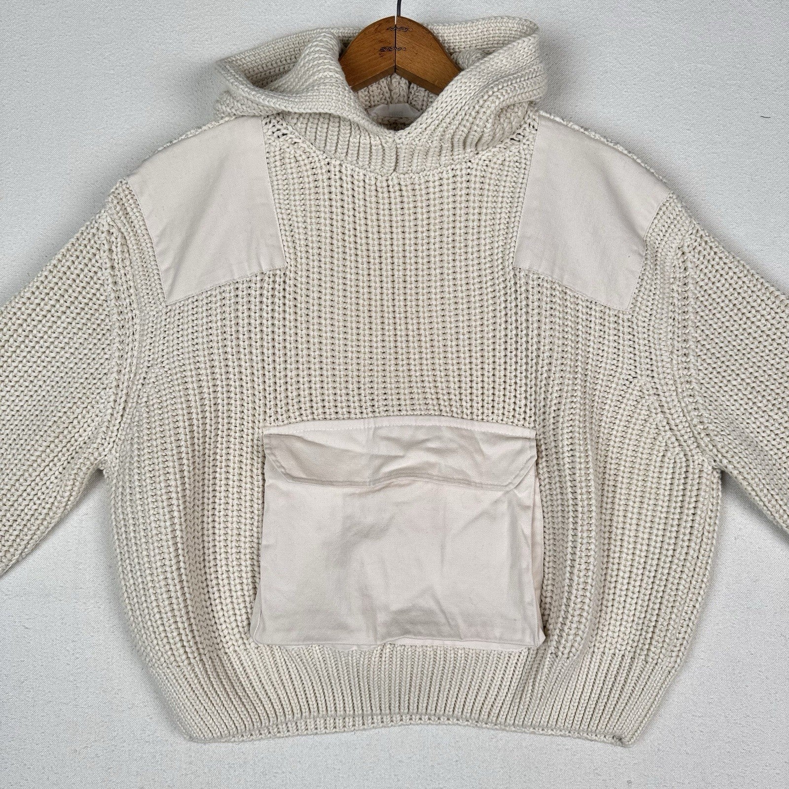Mango Women’s XS Cropped Hooded Cable Knit Patchwork Sweater Cream Front Pocket
