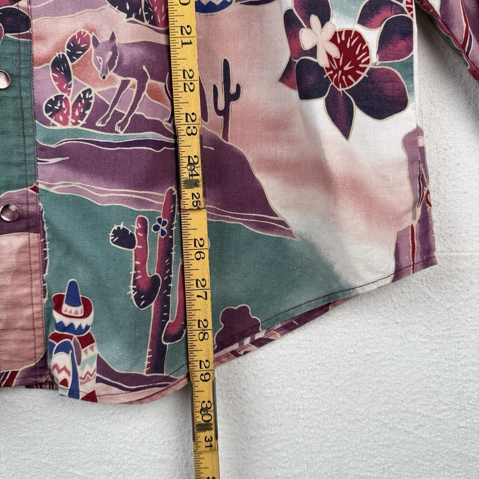 Vintage Southwestern Desert Cowboy Cactus Pearl Snap Shirt Purple Green XL 46”