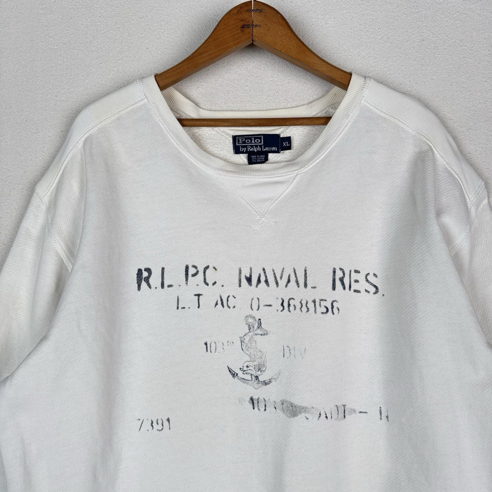 Vtg 90s Polo Ralph Lauren Men’s XL Polo Club Naval Crewneck Sweatshirt White