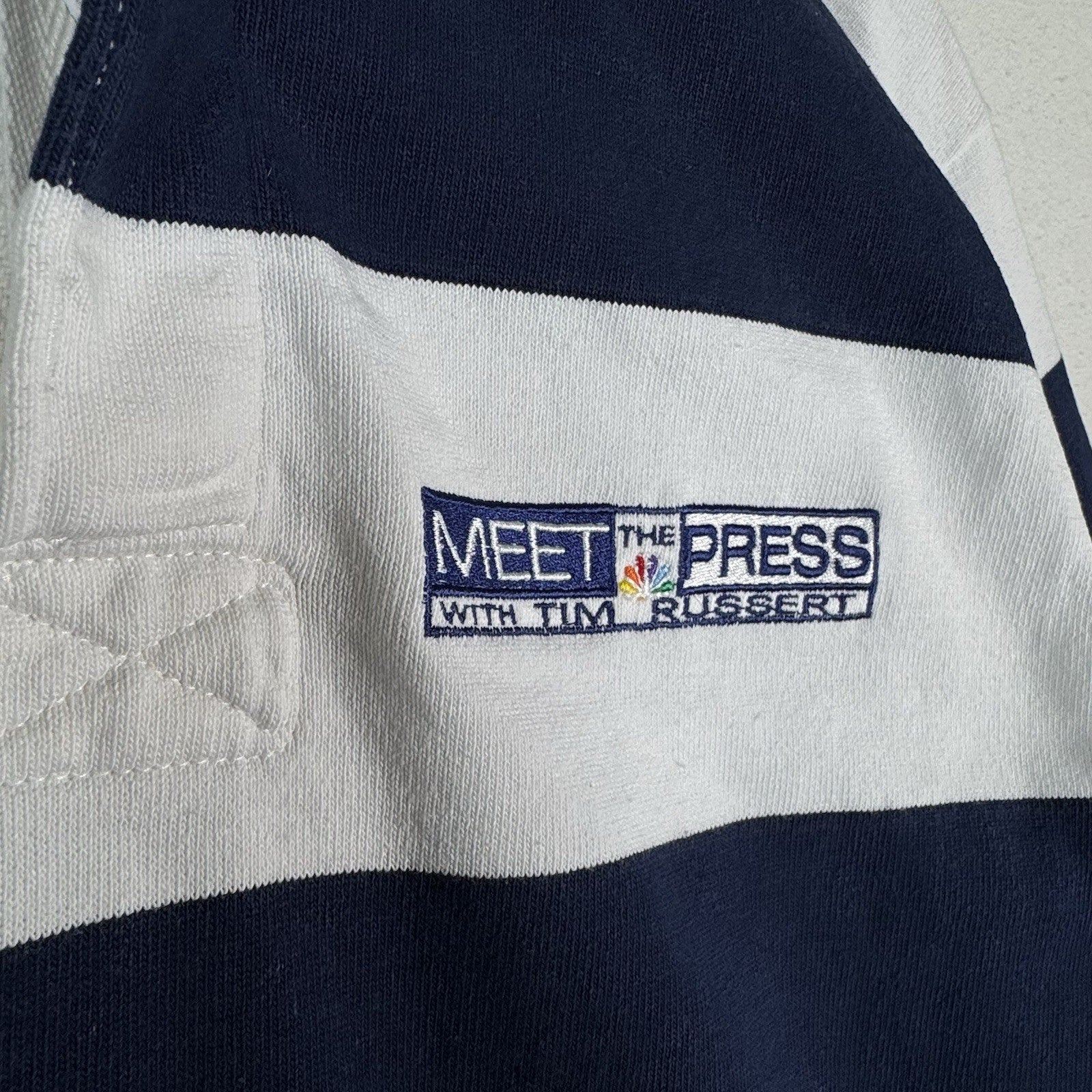 Vintage Rugby Mens L Barbarian Meet The Press Tim Russert Blue White Stripe Polo
