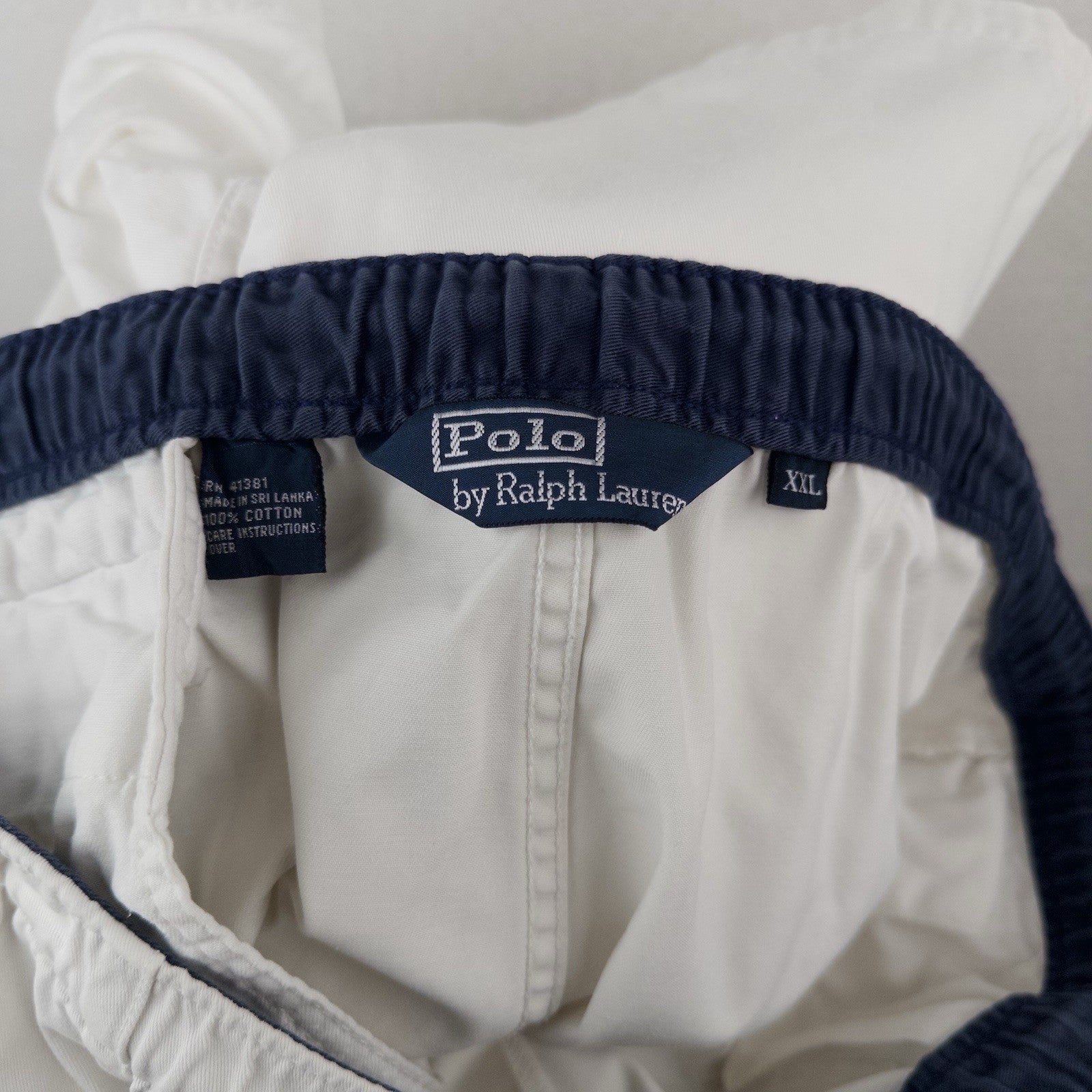 90's Vtg Polo Ralph Lauren Mens 2XL White Cotton Chino Drawstring Zip Shorts