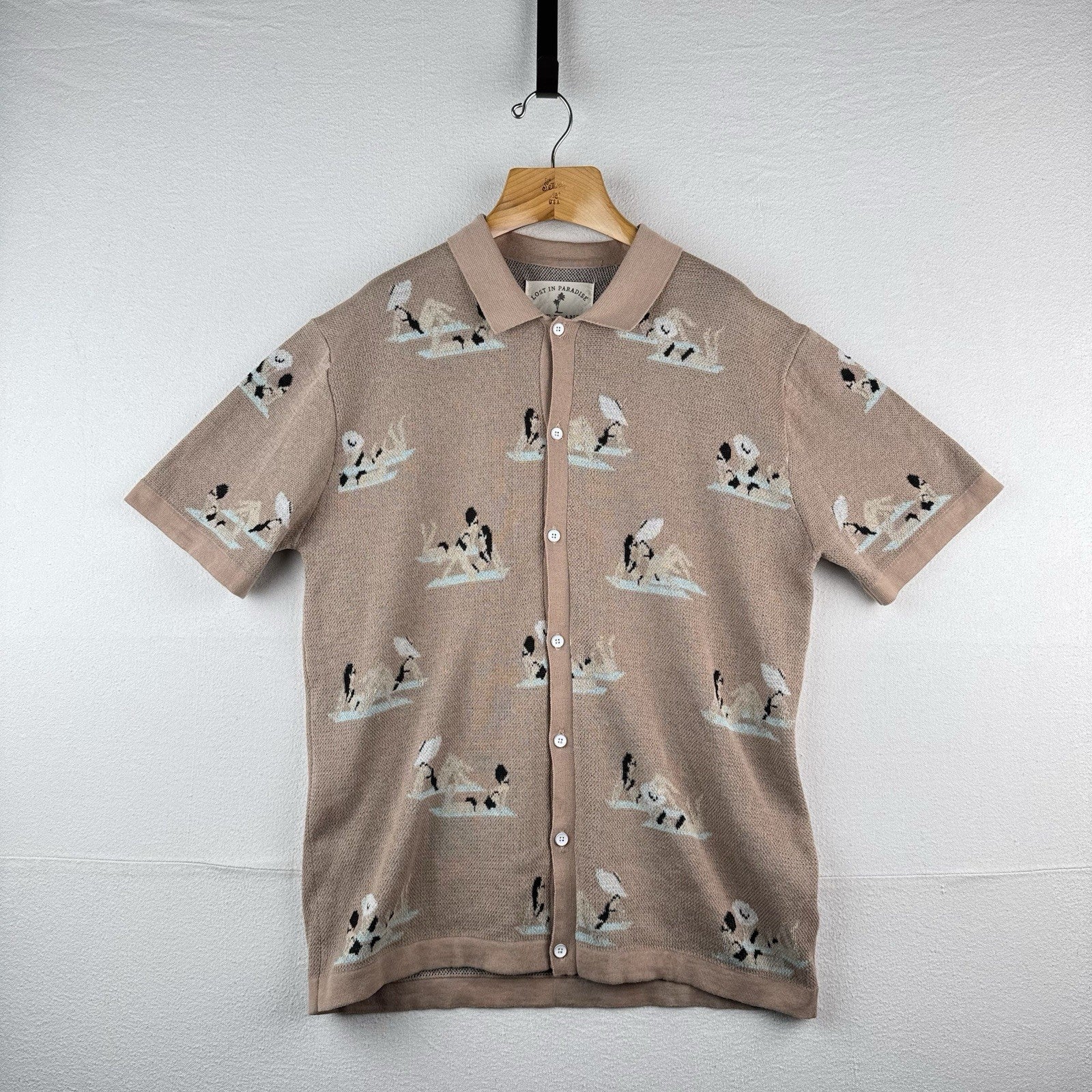 Free Planet “Lost In Paradise” Knit Polo Vintage Beach Resort Scene Mens XL Pink