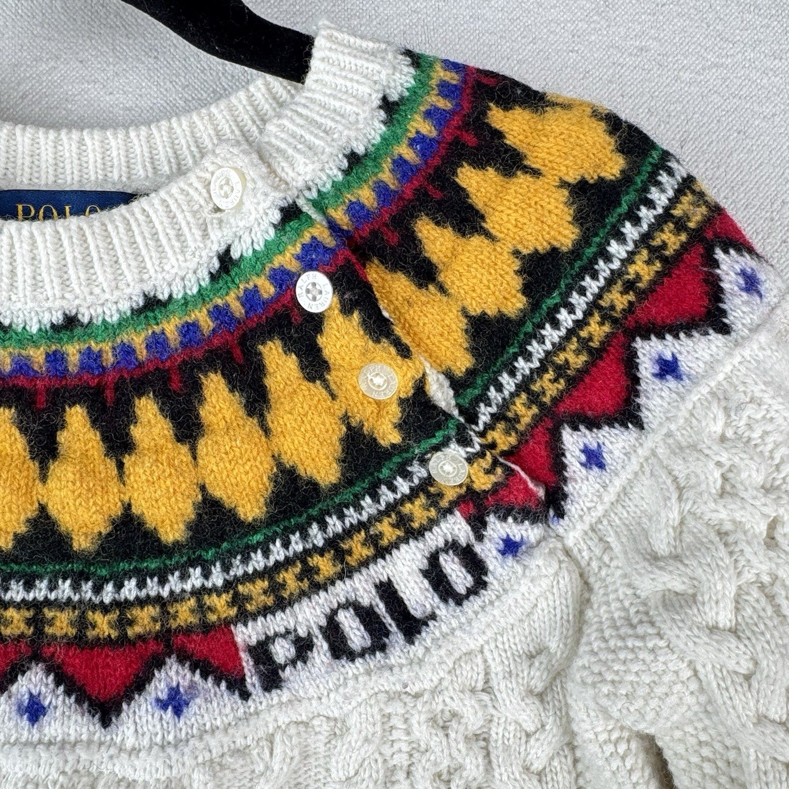 Polo Ralph Lauren Girl’s Small (7) Fair Isle Aran Knit Sweater Cream Colorful