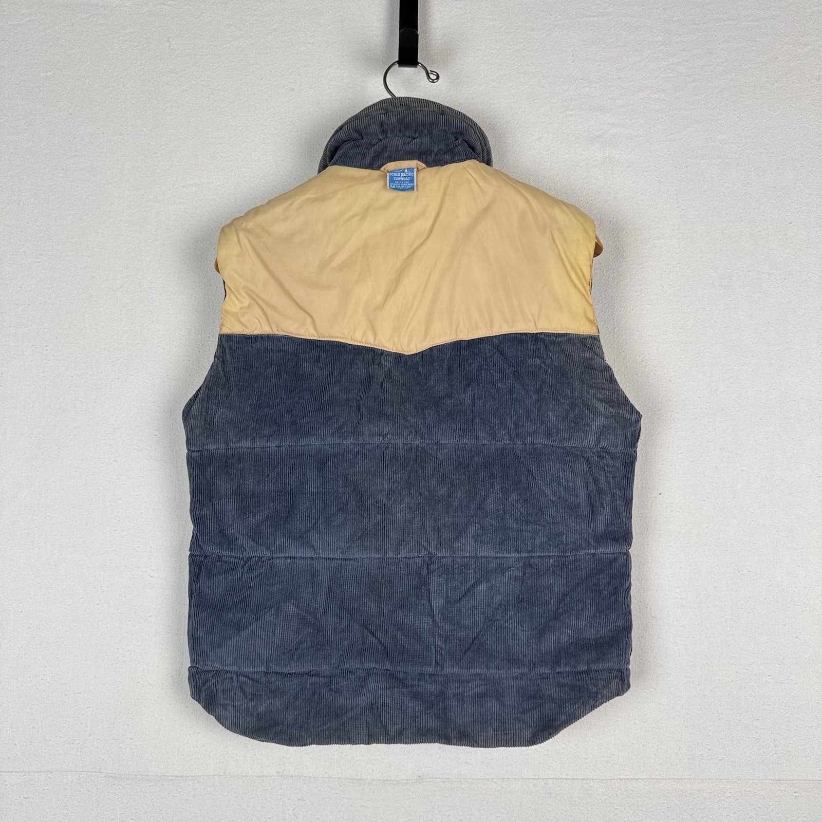 70s Vintage OP Ocean Pacific Size M Reversible Puffer Vest Tan Blue Surf Western