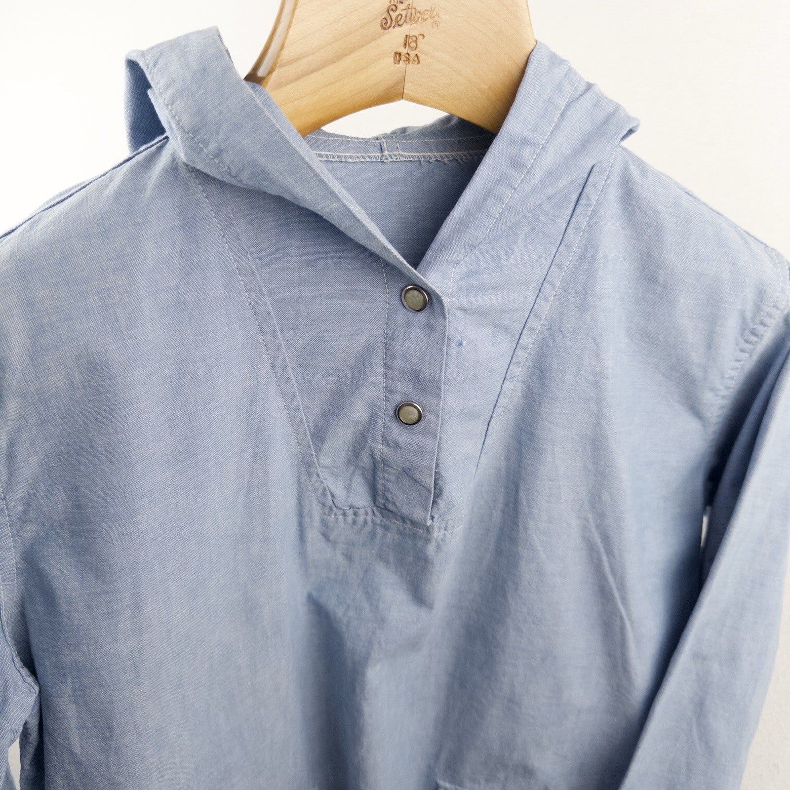 50's Vtg Chambray Patch Pocket Hooded Smock Jacket S Single Stitch Pearl Snap