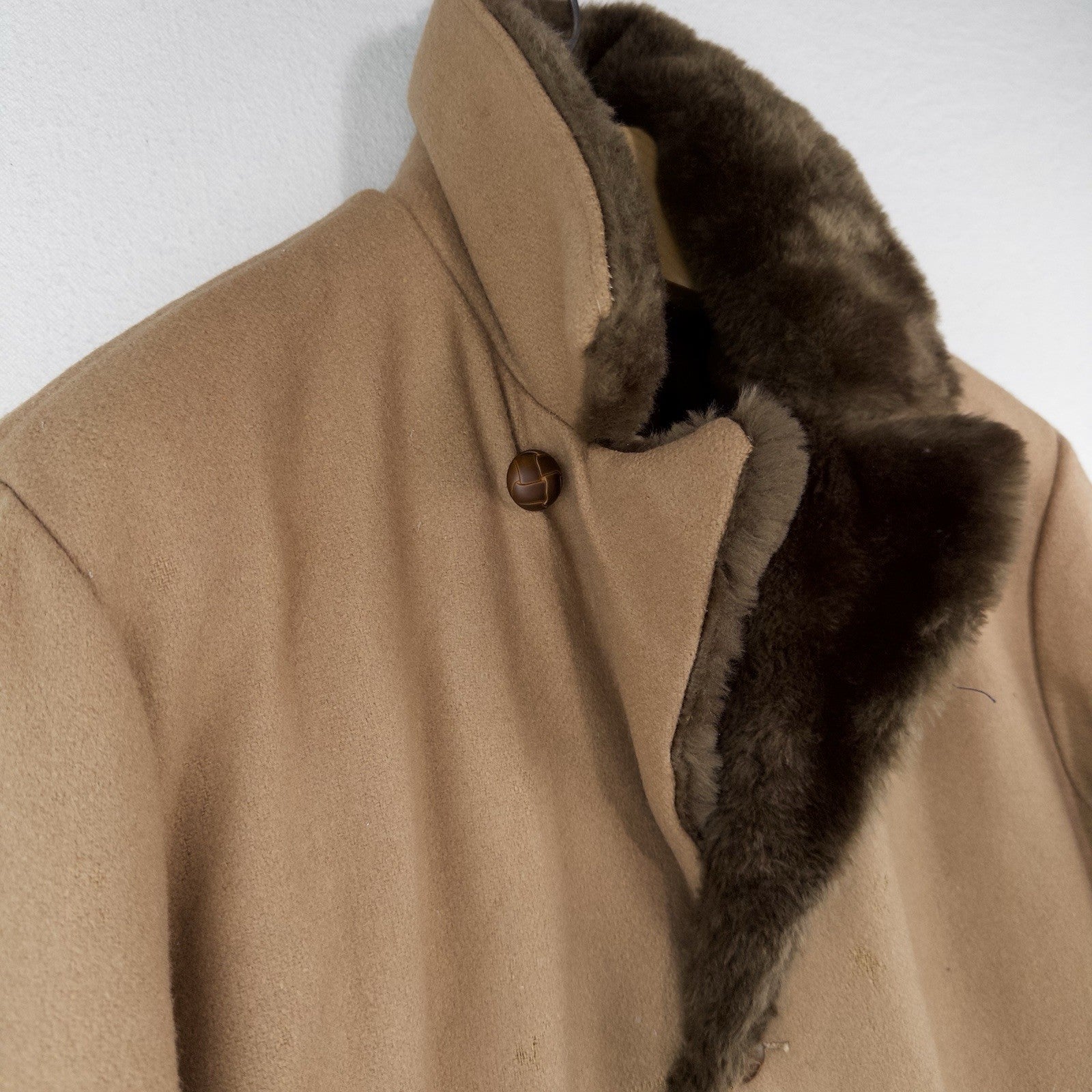 70’s Vtg Wool Men’s L/XL 44 Car Coat Overcoat Camel Brown Faux Fur Lining Collar