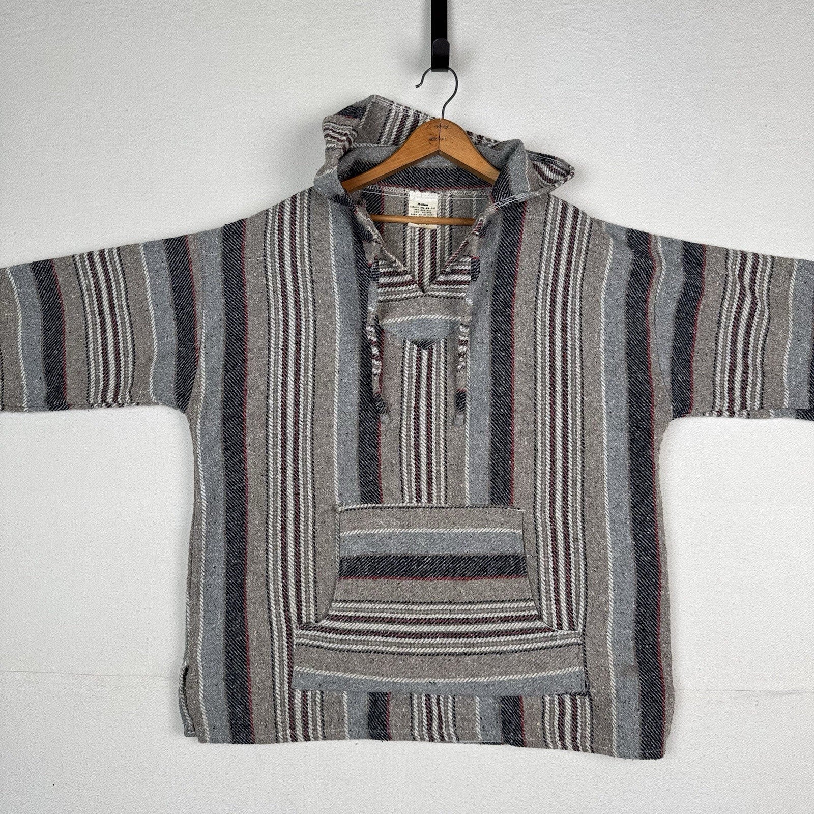 Vintage Baja Mexican Woven Blanket Hoodie Pullover Jacket Blue Gray Red XL Boho