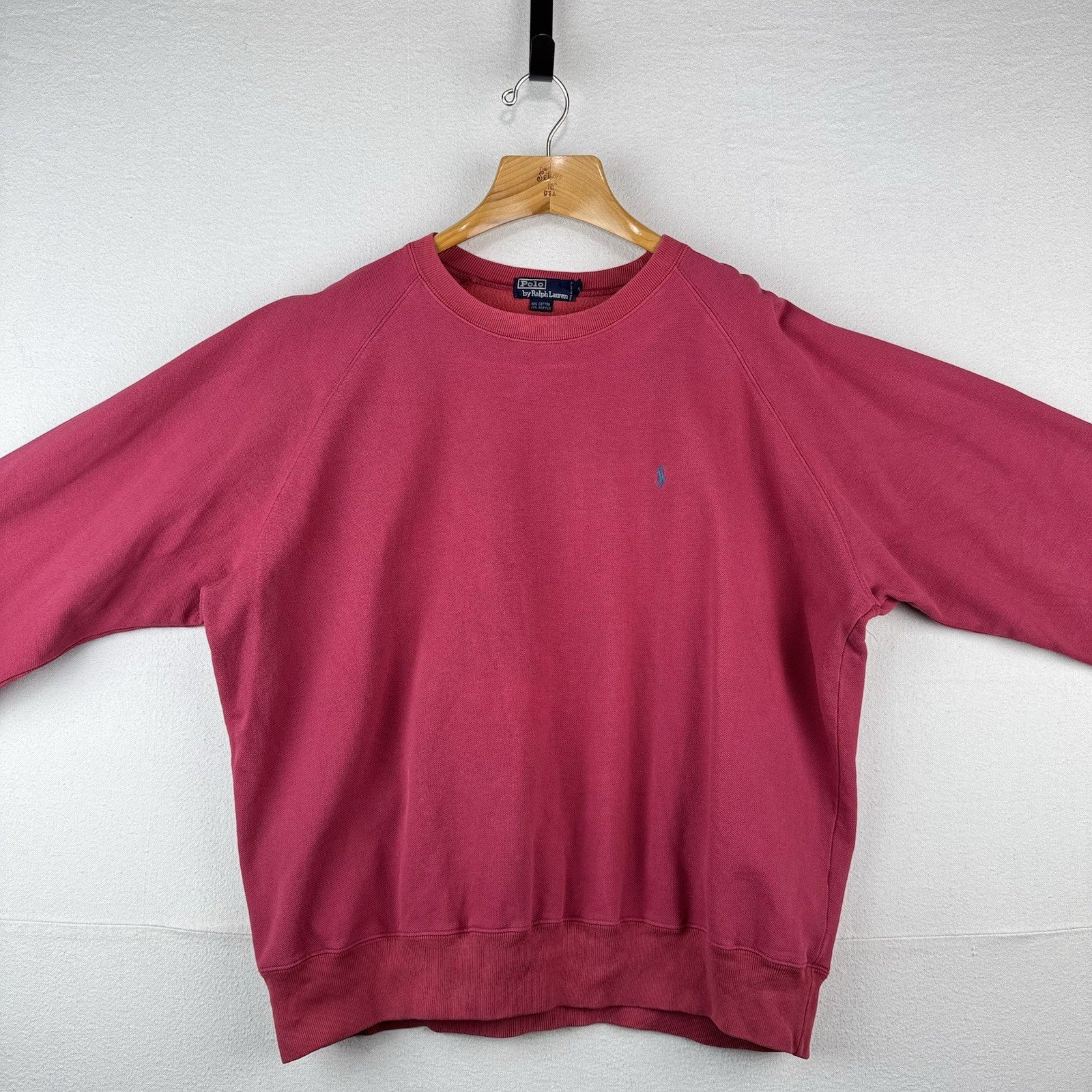 90’s Vtg Polo Ralph Lauren Jersey Sweatshirt Men XL Red Pink Raglan *Sunfaded