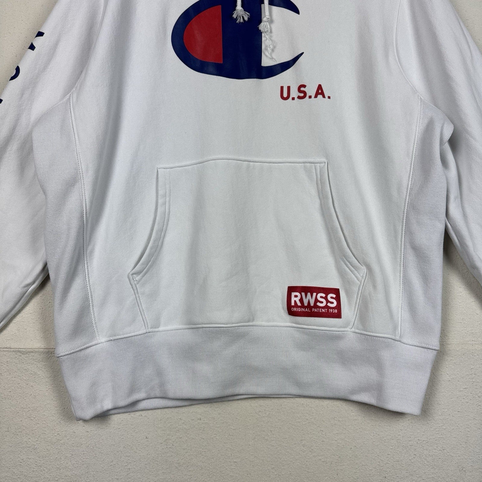 Vintage Champion USA Reverse Weave White RWSS Hoodie Sweatshirt Adult Size L