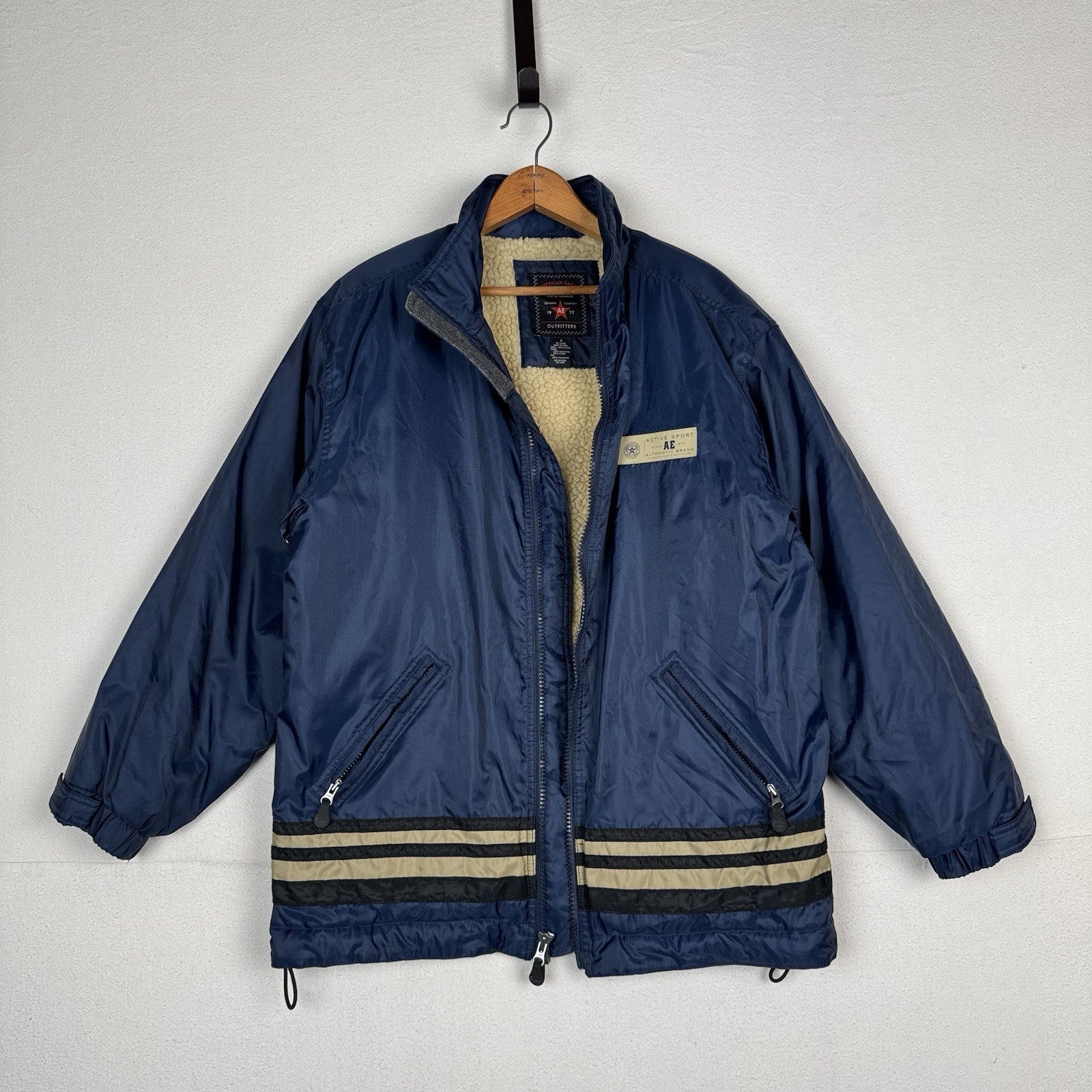 Vintage American Eagle Parka Size S Full Zip Heavyweight Sherpa Nylon Blue 90s