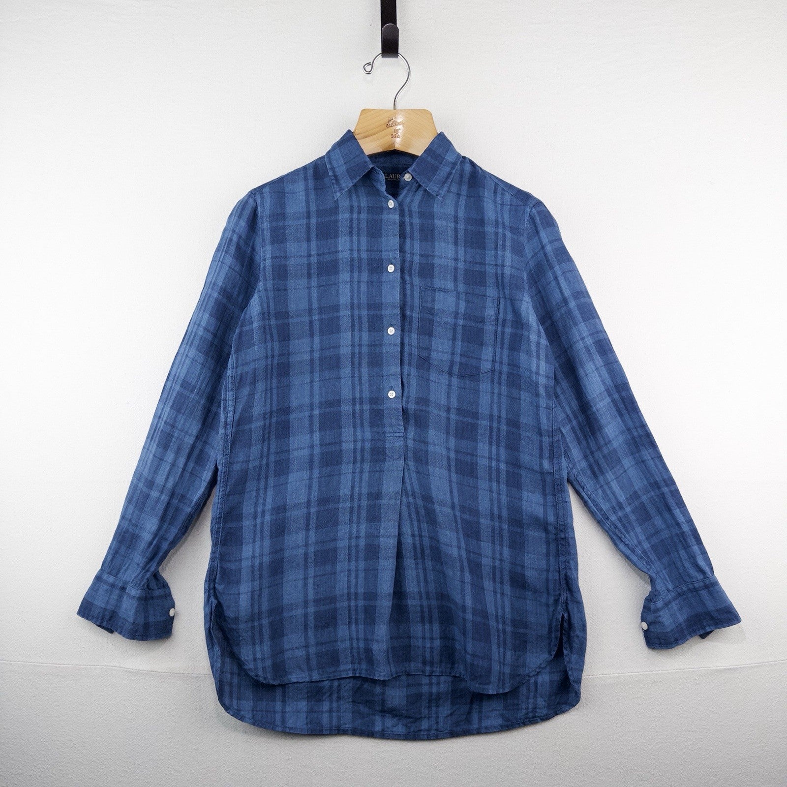 Lauren Ralph Lauren Women's Small Linen Blue Plaid Popover Shirt