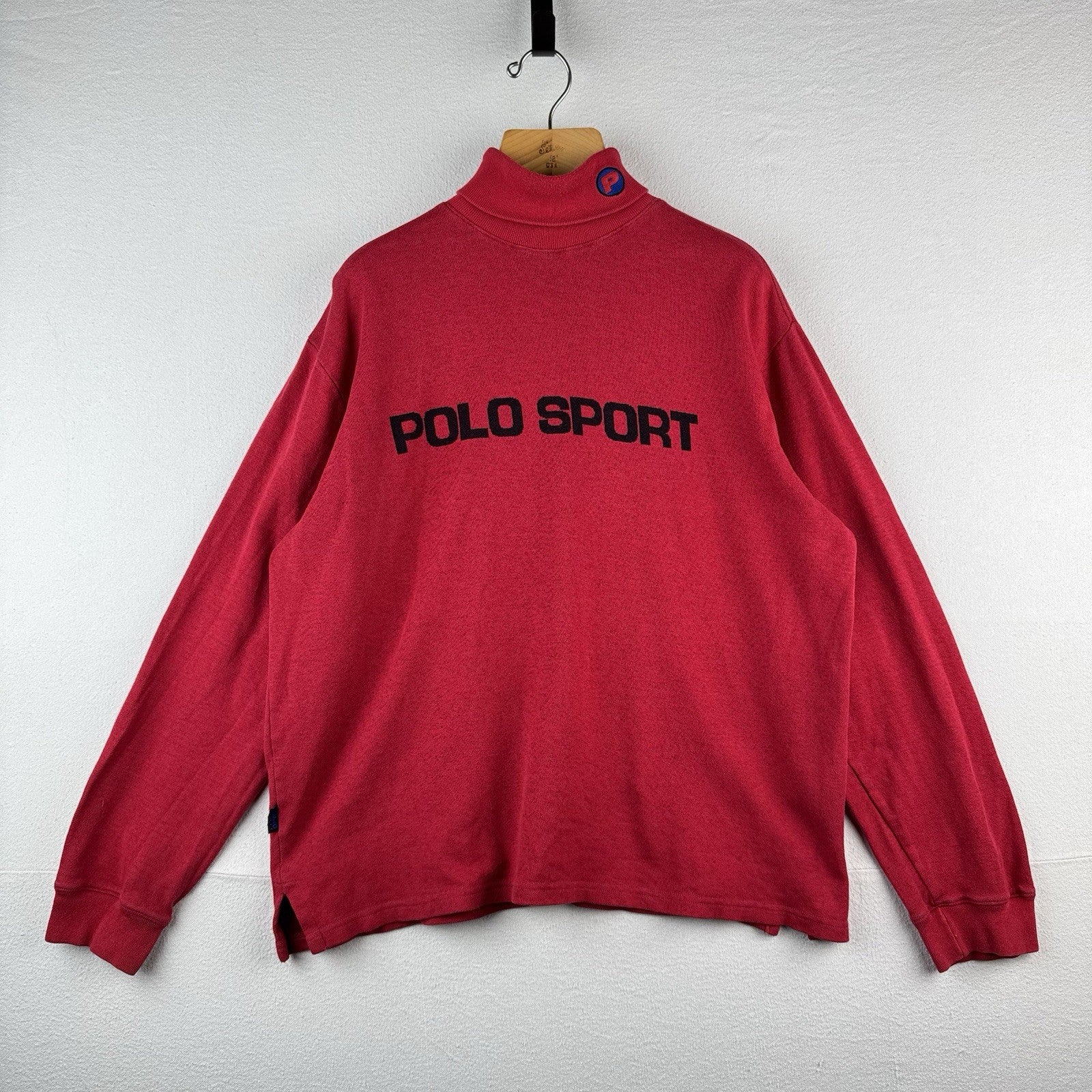 90s Vtg Ralph Lauren Polo Sport Red Turtleneck Spellout Sweater Mens XL Made USA