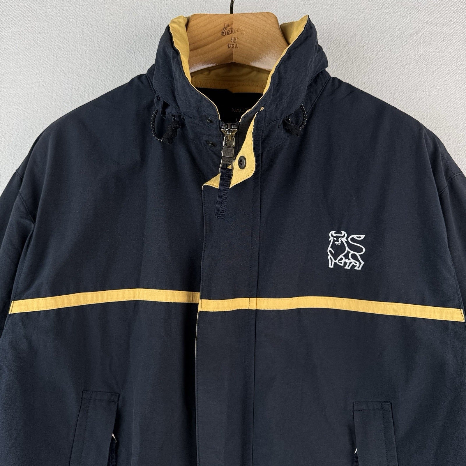 90’s Vtg Nautica NS-83 Windbreaker Hideaway Hood Jacket Mens L Merrill Lynch