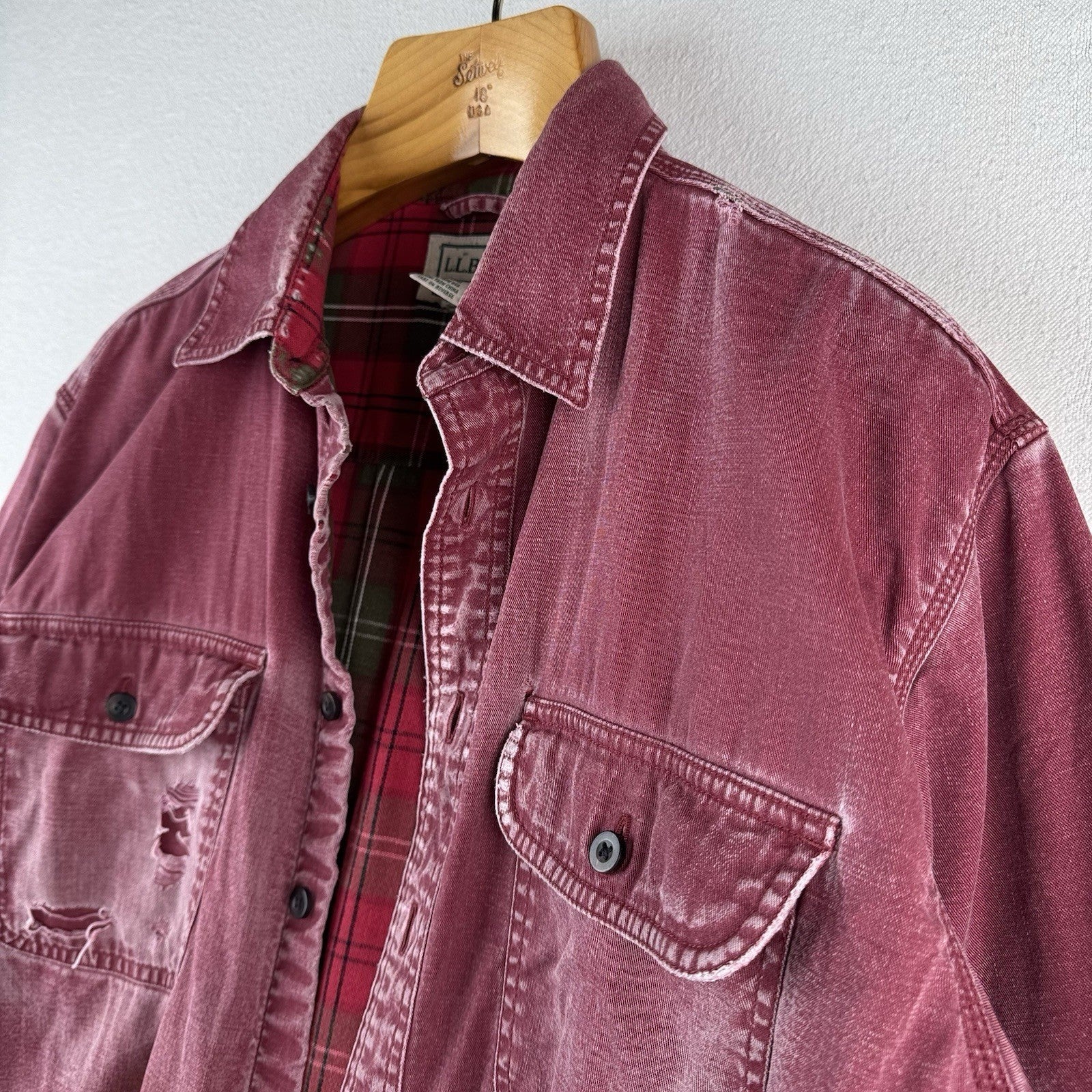 Vtg LL Bean Hurricane Shirt Mens Large Wine Red Plaid Flannel Lined Distressed