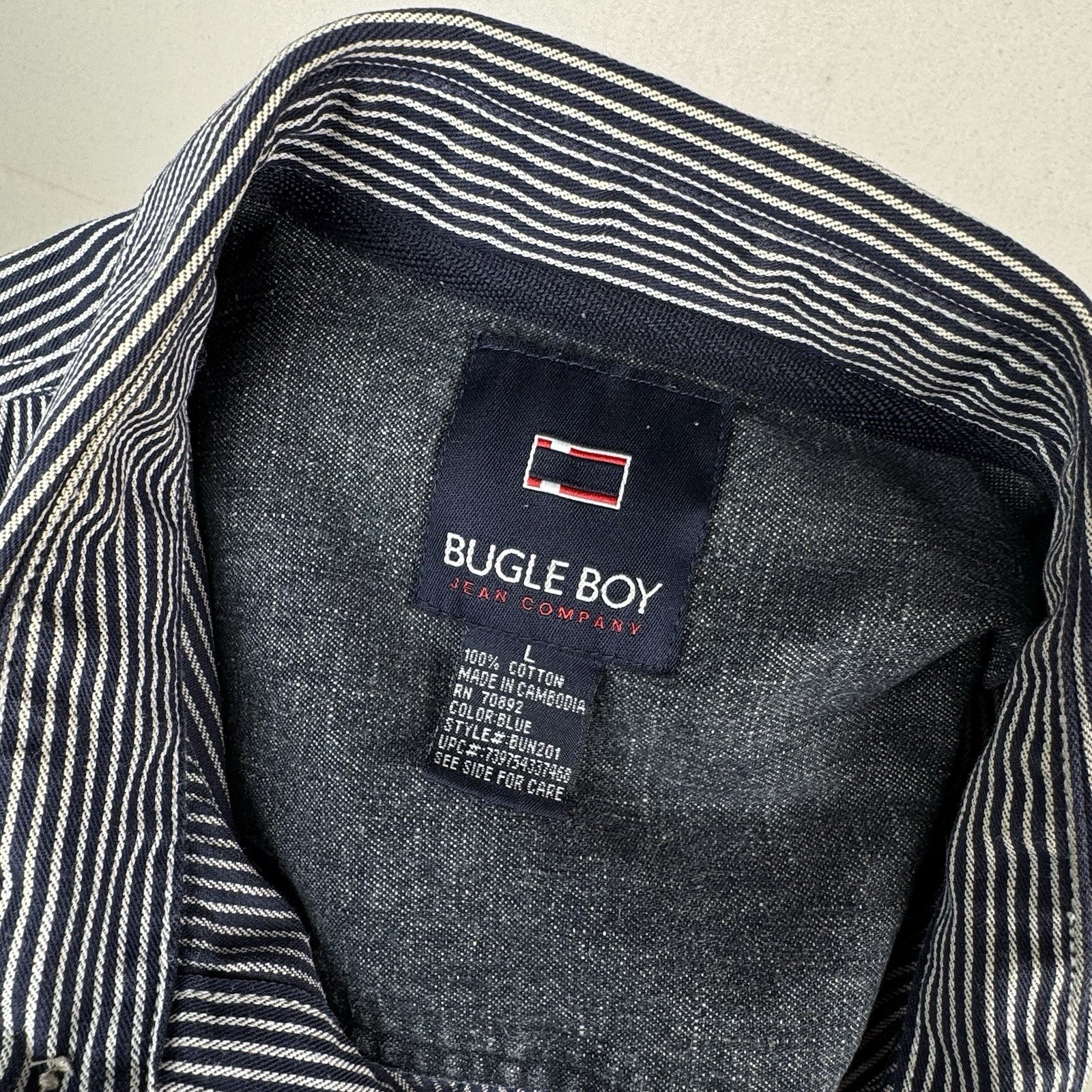 Vintage Bugle Boy 80s 90s Engineer Striped Long Sleeve Button Shirt Blue Men’s L