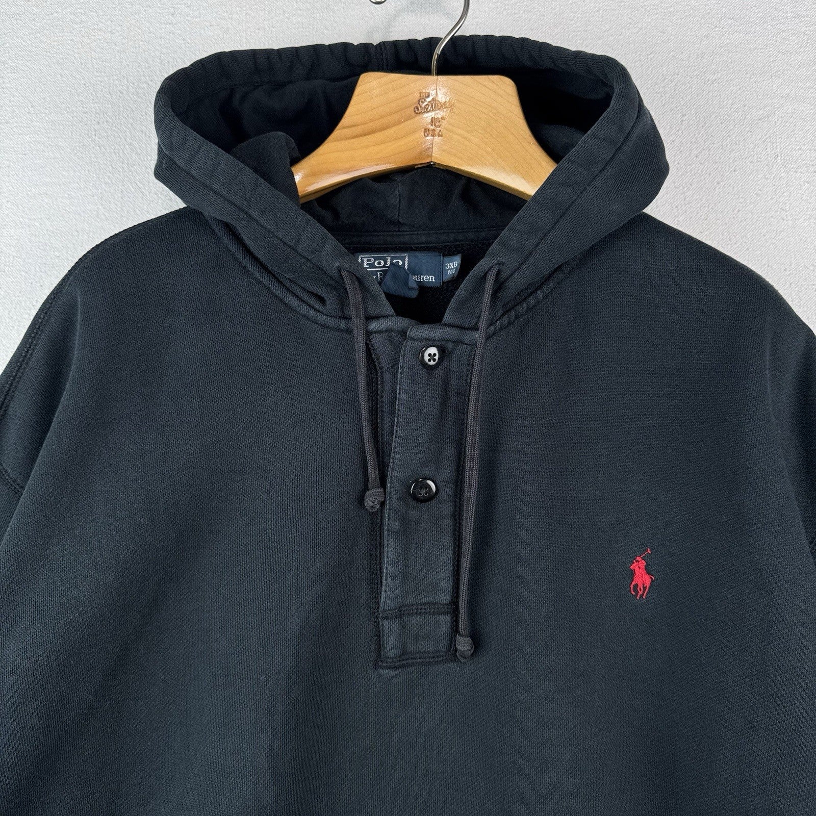 Vintage Polo Ralph Lauren Black Hoodie Men’s 3XB Pullover 2-Button Sweatshirt