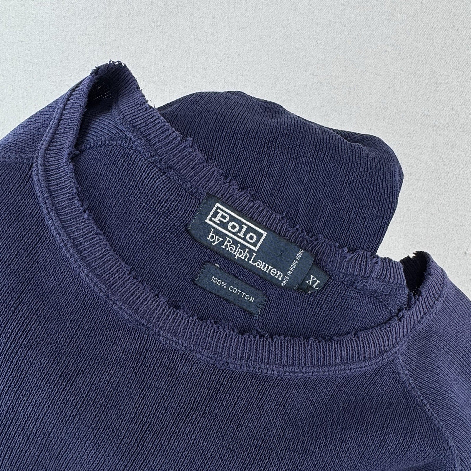 90’s Vtg Polo Ralph Lauren Raglan Short Sleeve Sweatshirt Blue XL *Distressed
