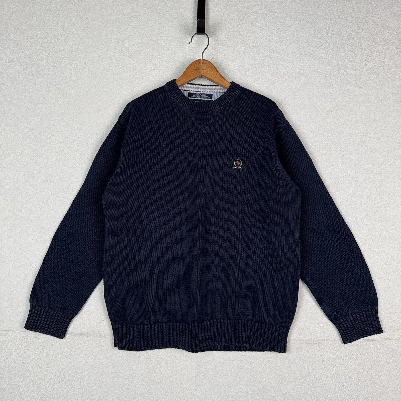 Vintage Tommy Hilfiger Men's Knit Cotton Navy Blue Crewneck Sweater Large