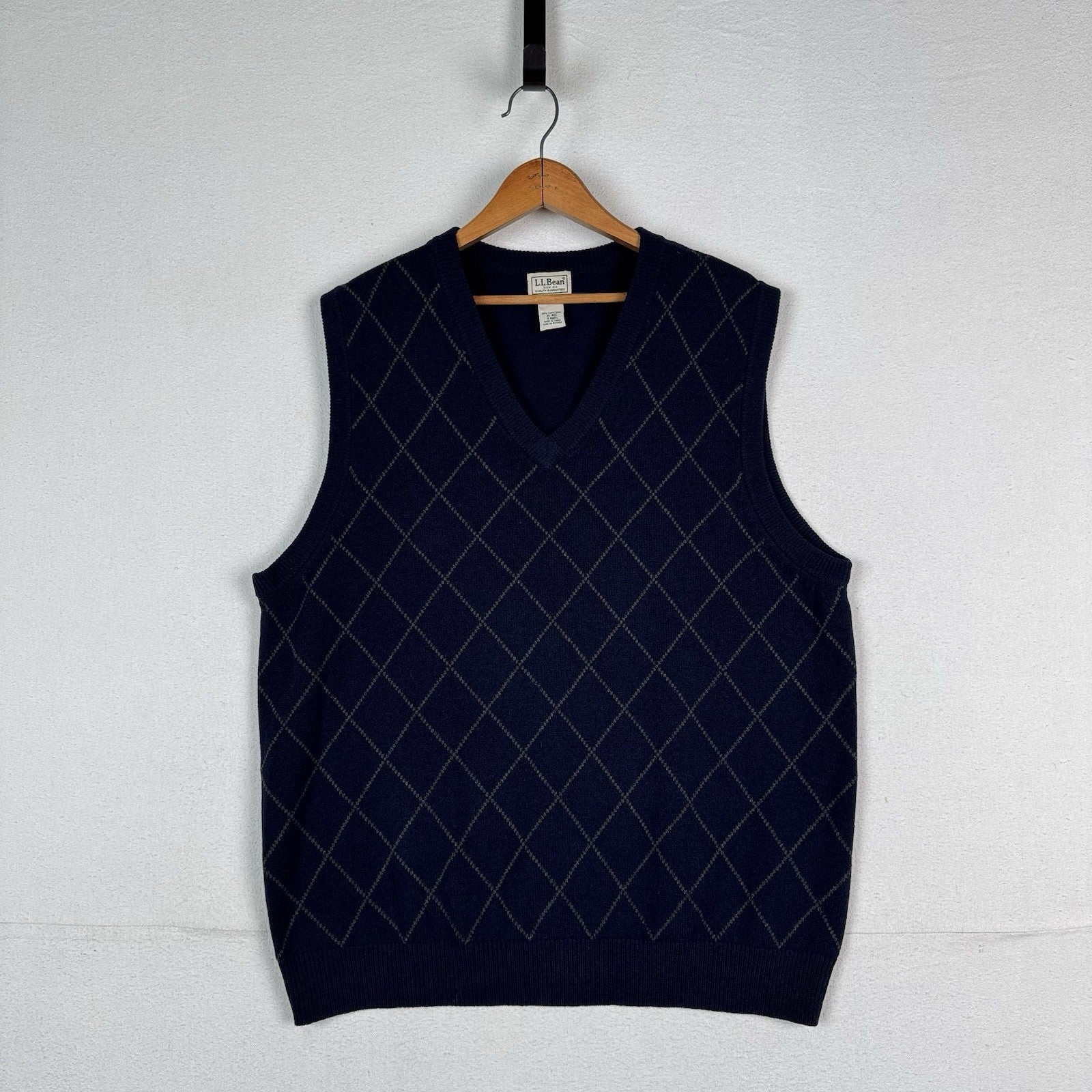 LL Bean Lambswool Sweater Vest XL Argyle Grandpa Navy Blue Green