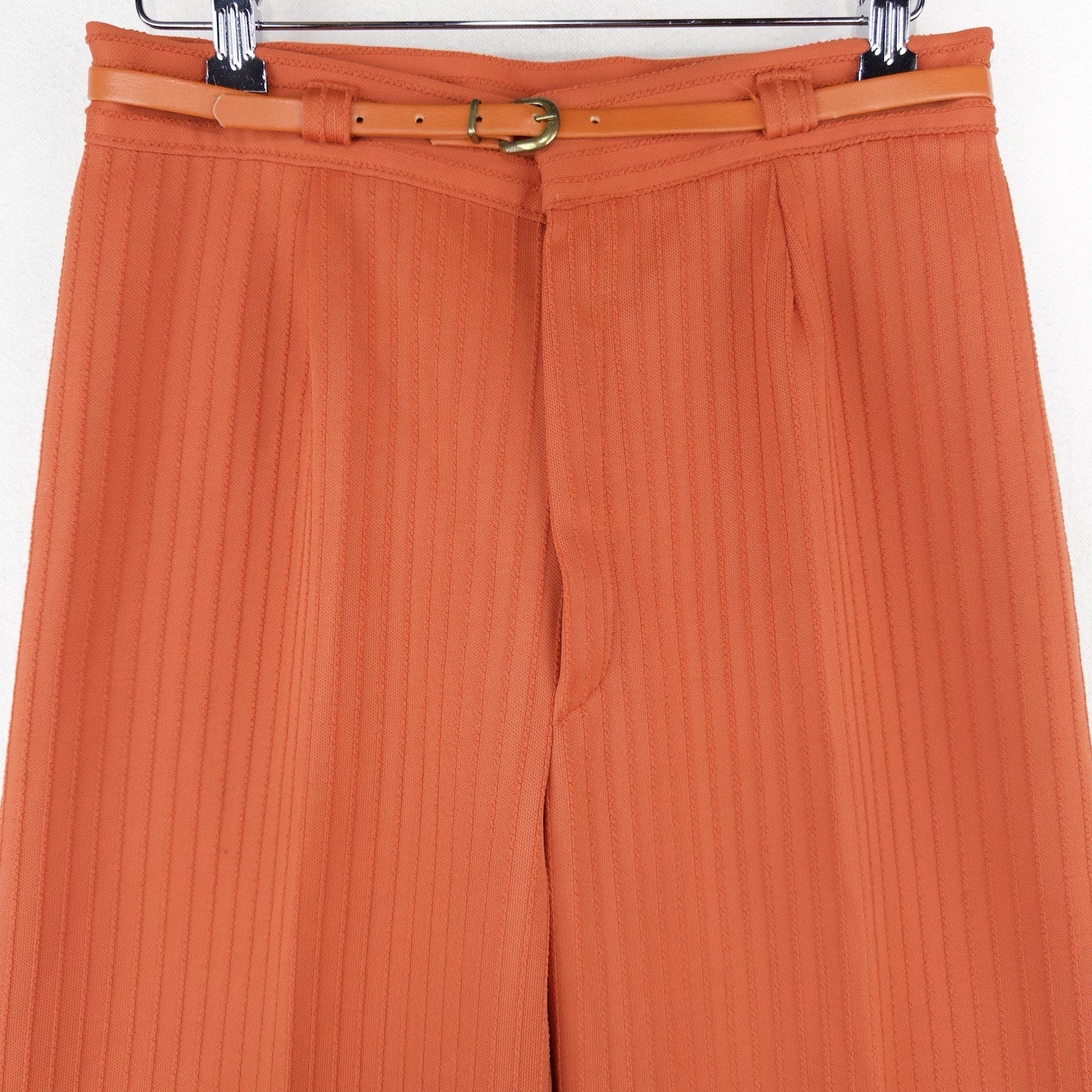 70’s Vtg High Waisted Belted Wide Leg Pant Pinstripe Texture Small 27x27 Orange