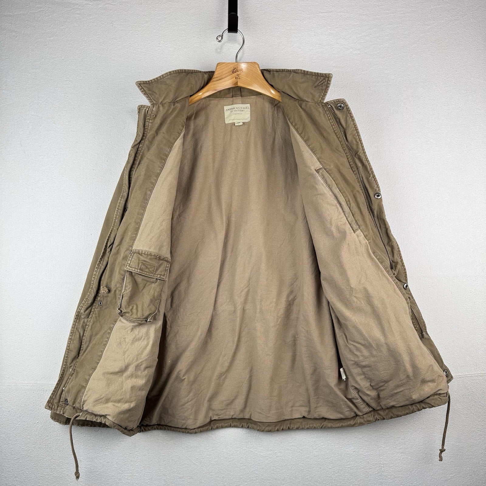 American Eagle M-65 Style Field Jacket Mens L Khaki Military Stowaway Hood *Read